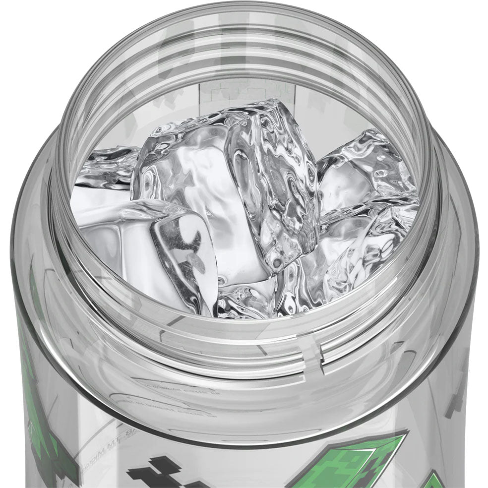 Close-up of a can with ice cubes inside, featuring a brand logo.
