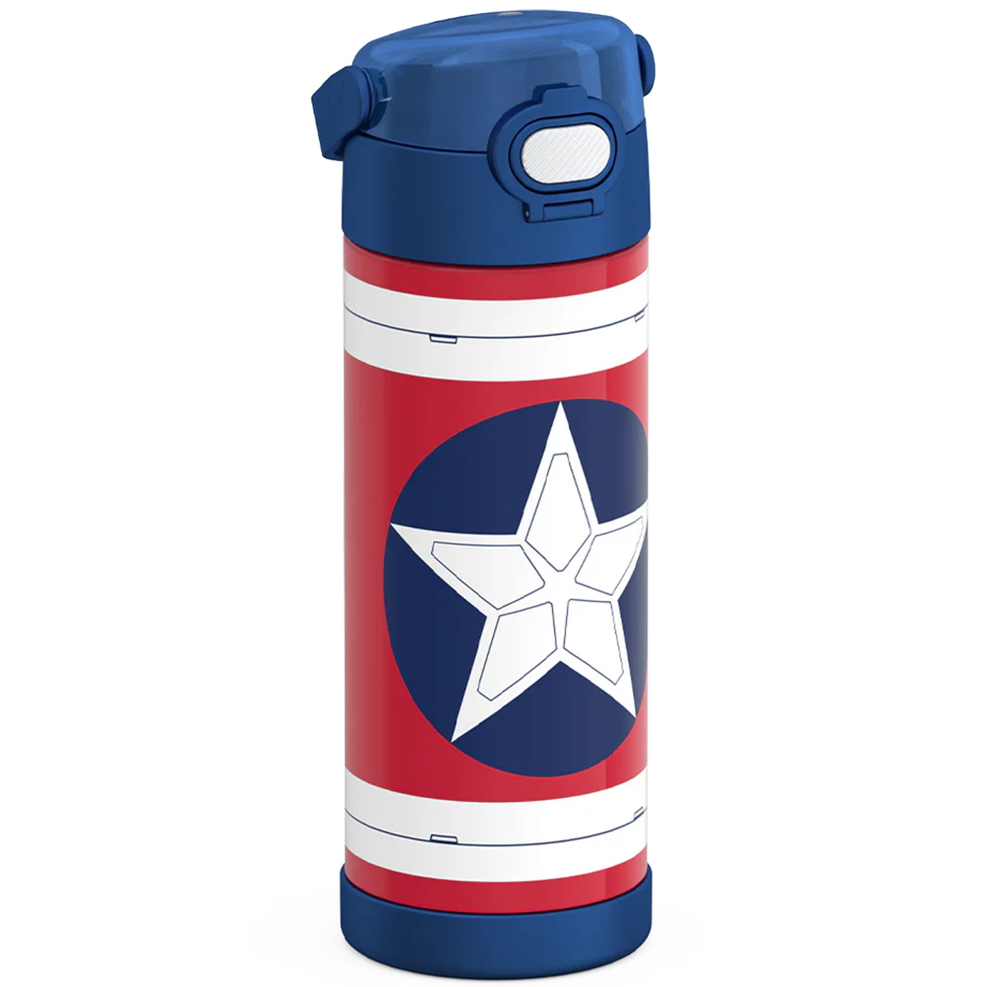 Captain America-themed water bottle with star design on a white background