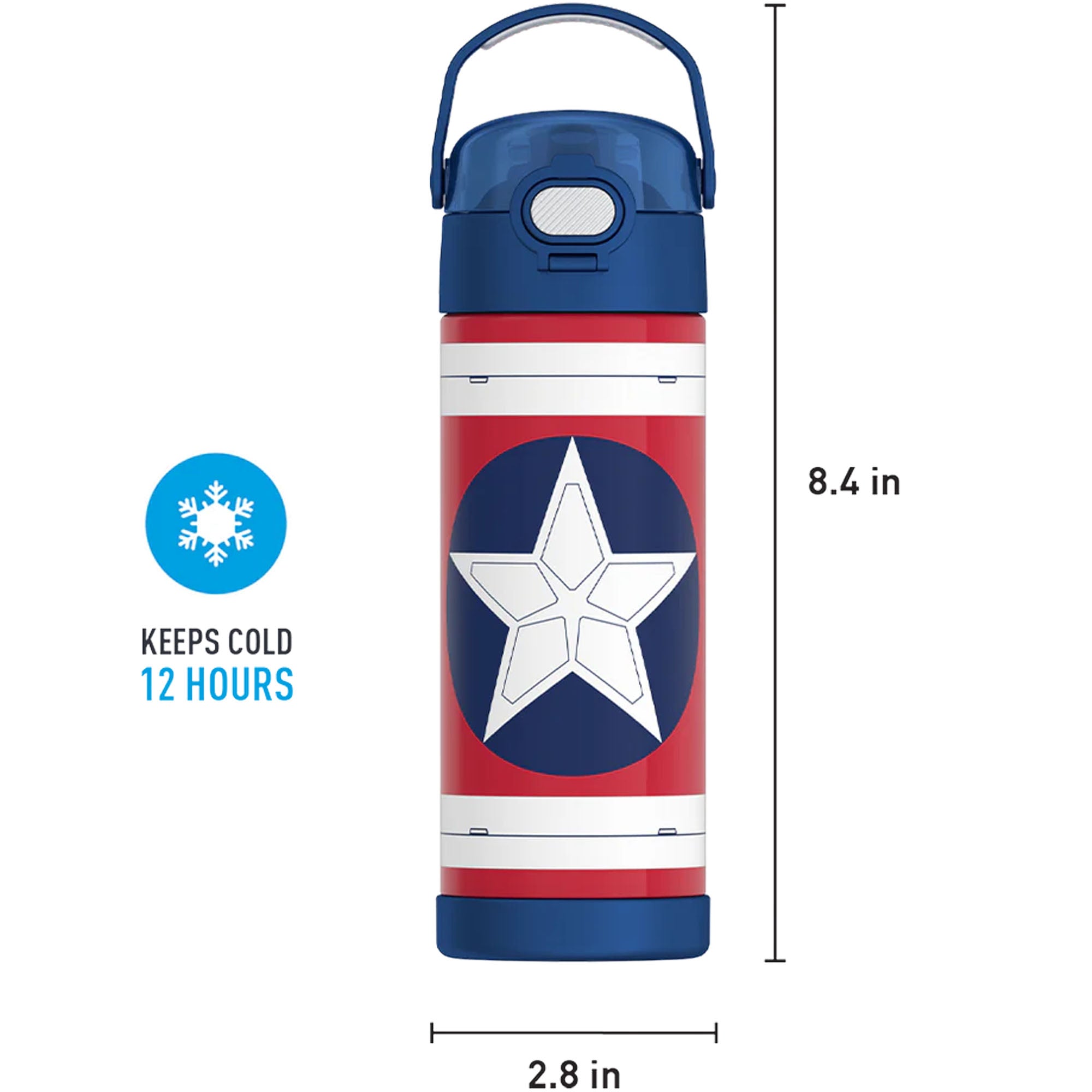 Captain America-themed water bottle with star design, measurements, and cold retention feature on a white background.