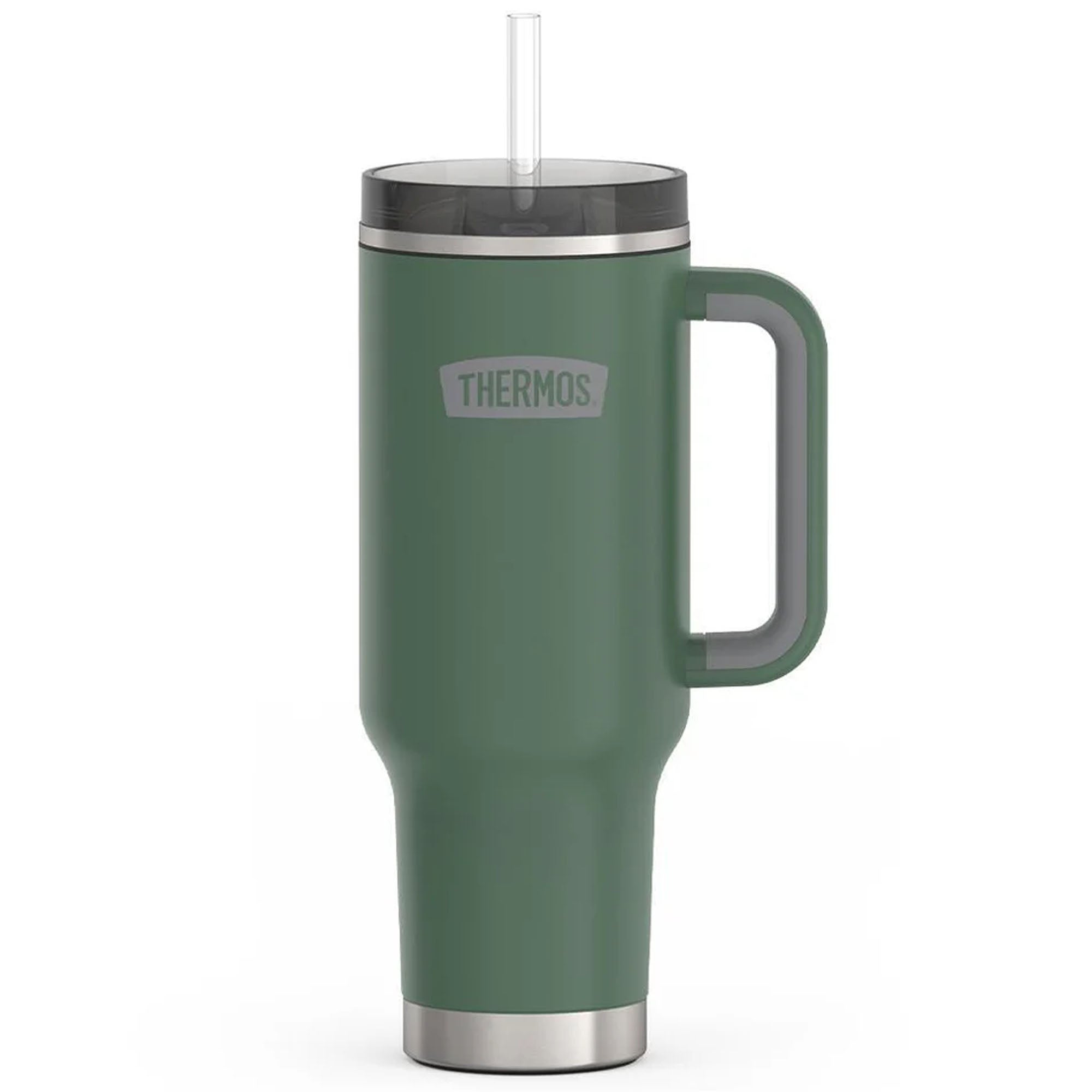 Green thermos mug with handle and straw on a white background