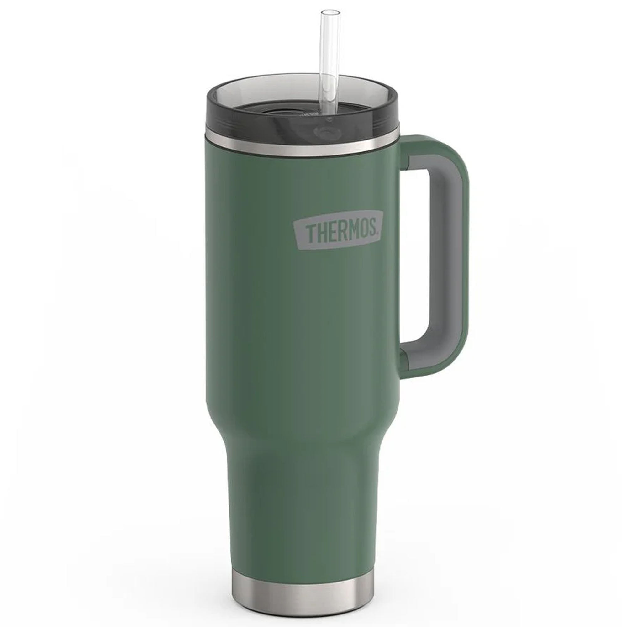 Green Thermos mug with handle and straw on a white background