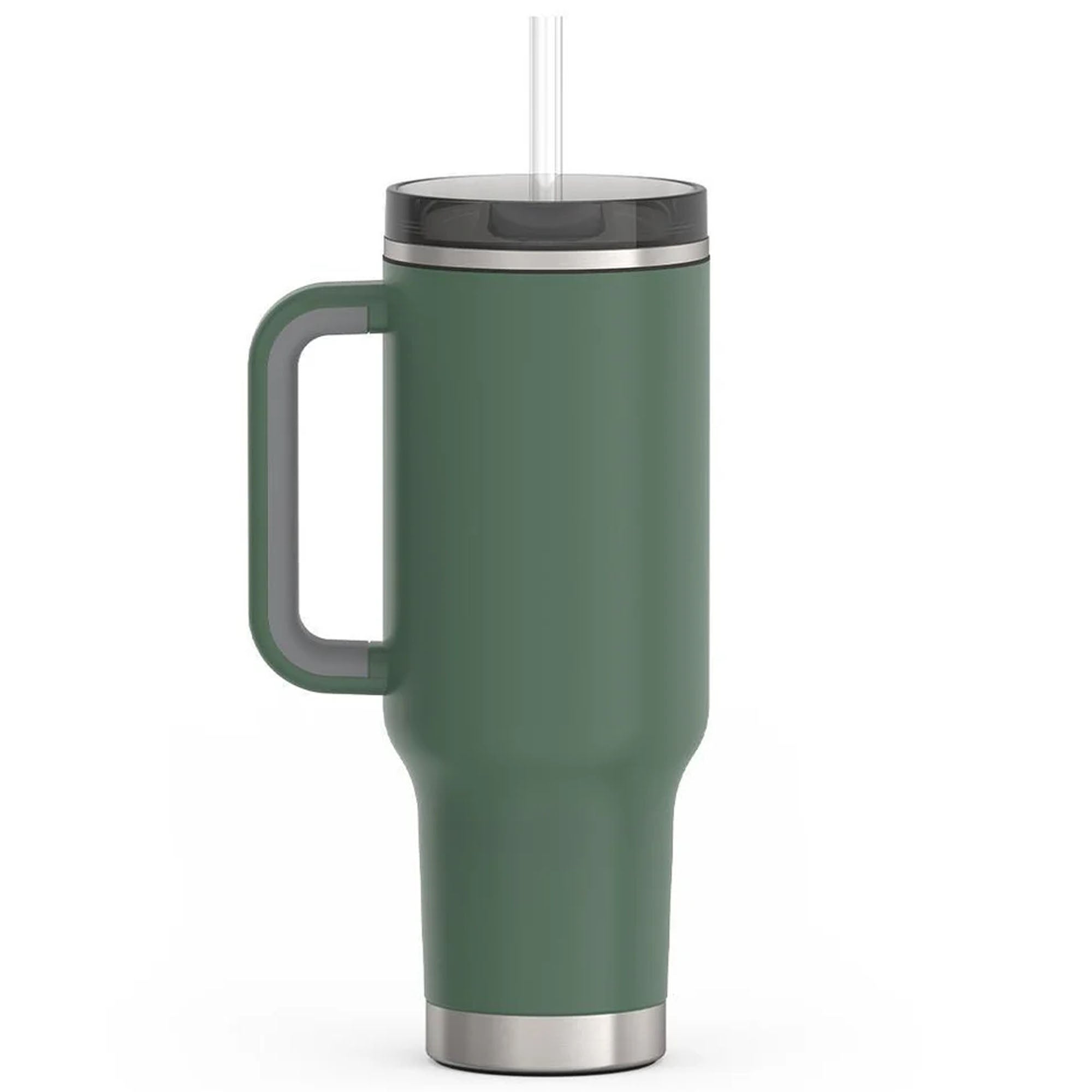 Green insulated mug with handle and straw on a white background