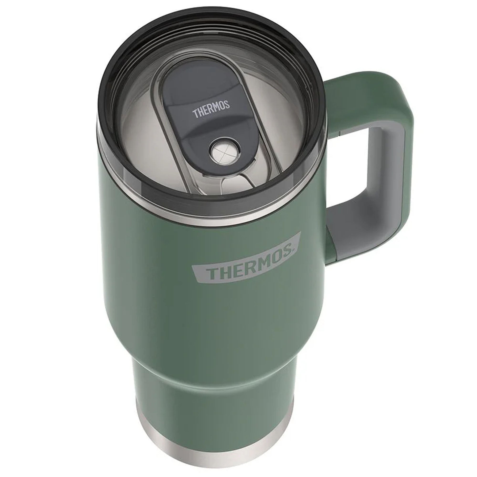 Green thermos mug with handle on a white background
