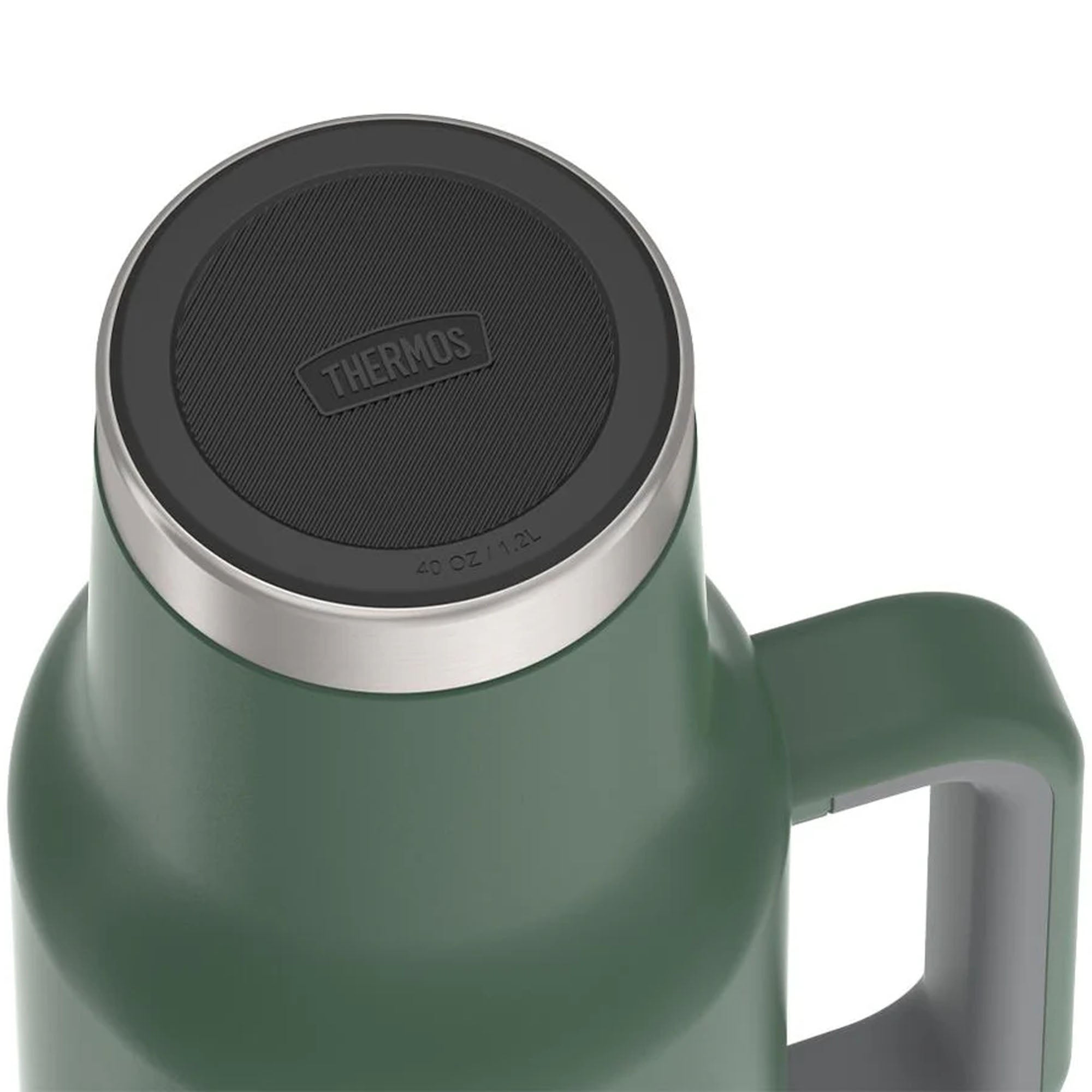 Green thermos mug with black lid on a white background