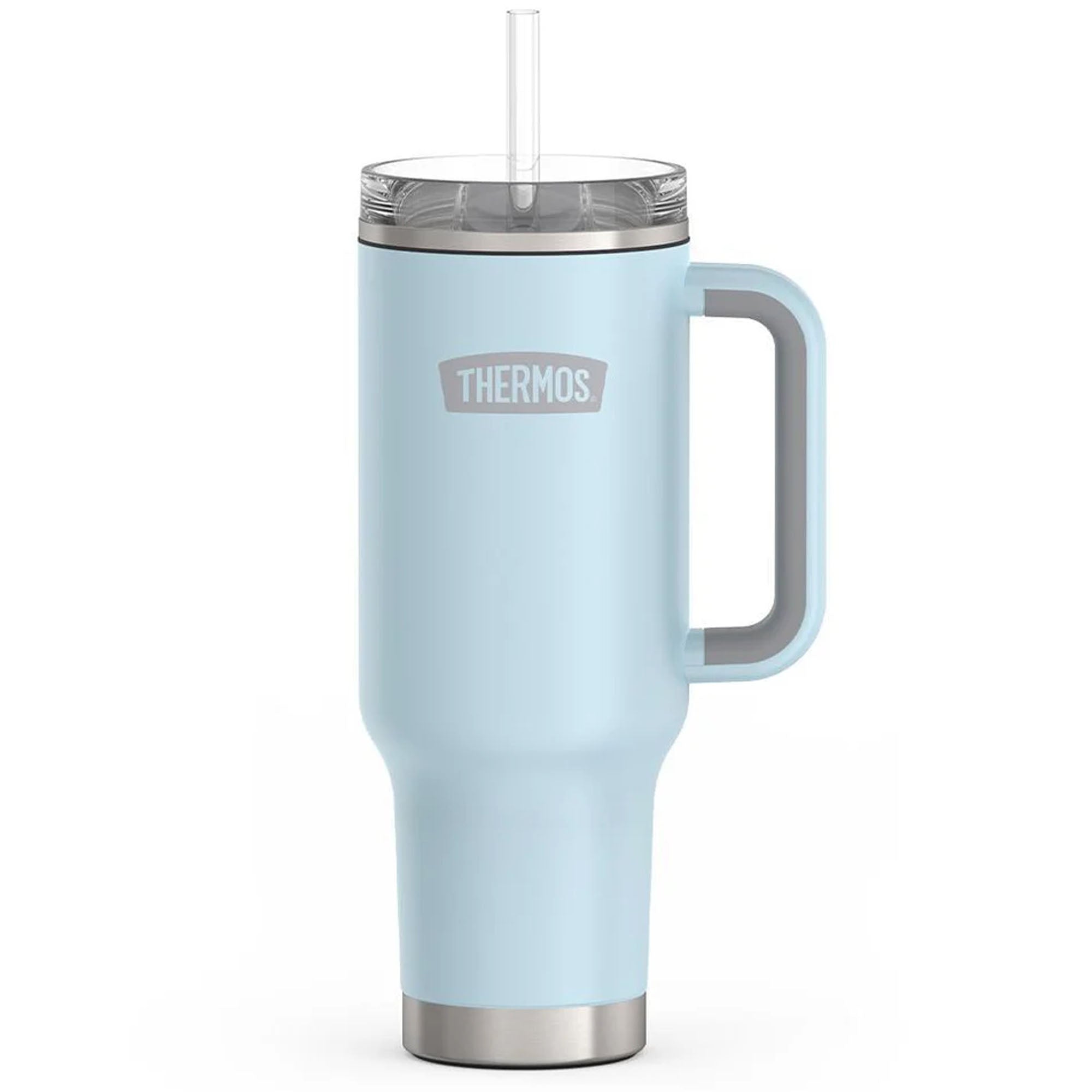 Light blue thermos with handle and straw on a white background