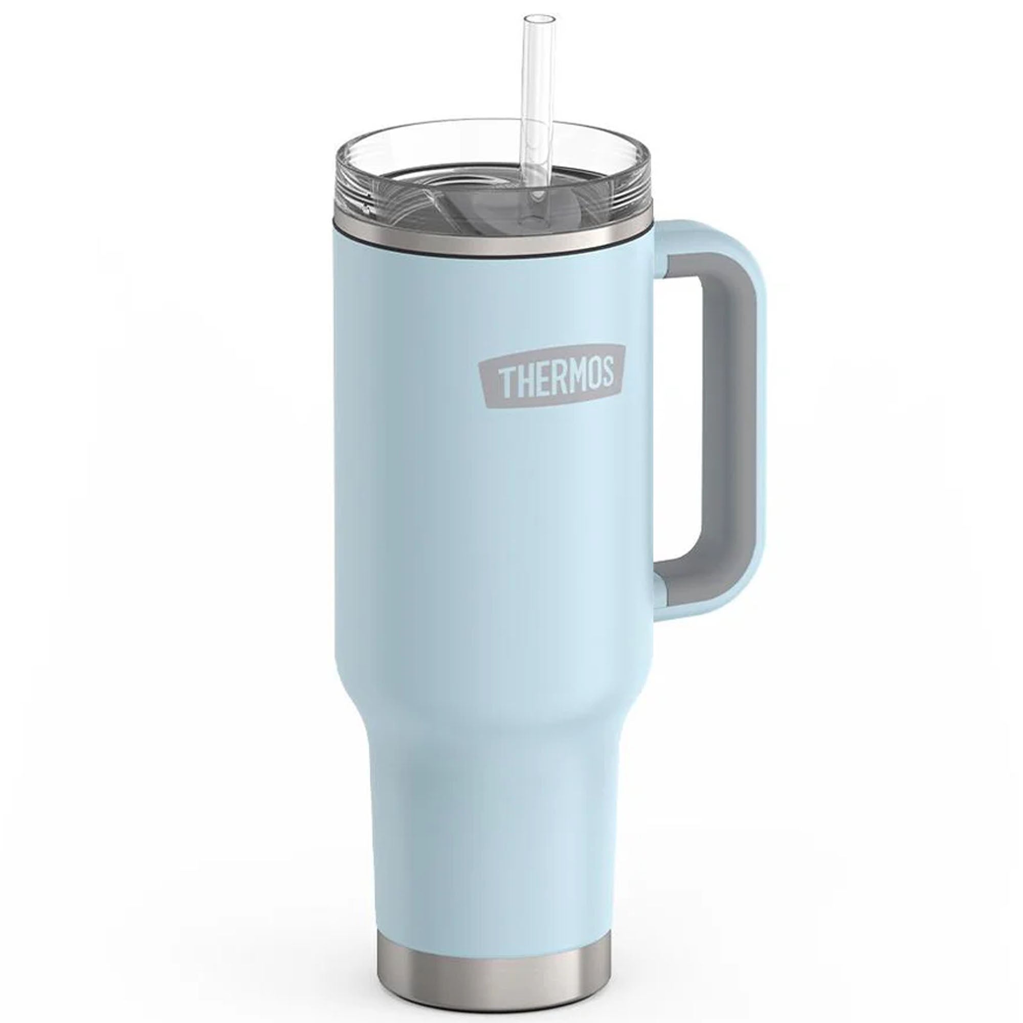 Light blue thermos mug with handle and straw on a white background