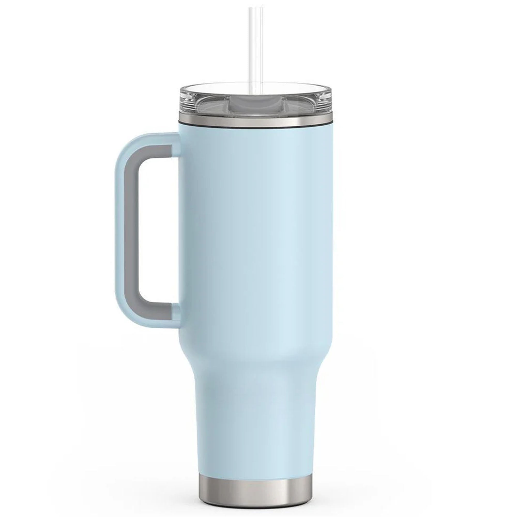 Light blue travel mug with handle on a white background
