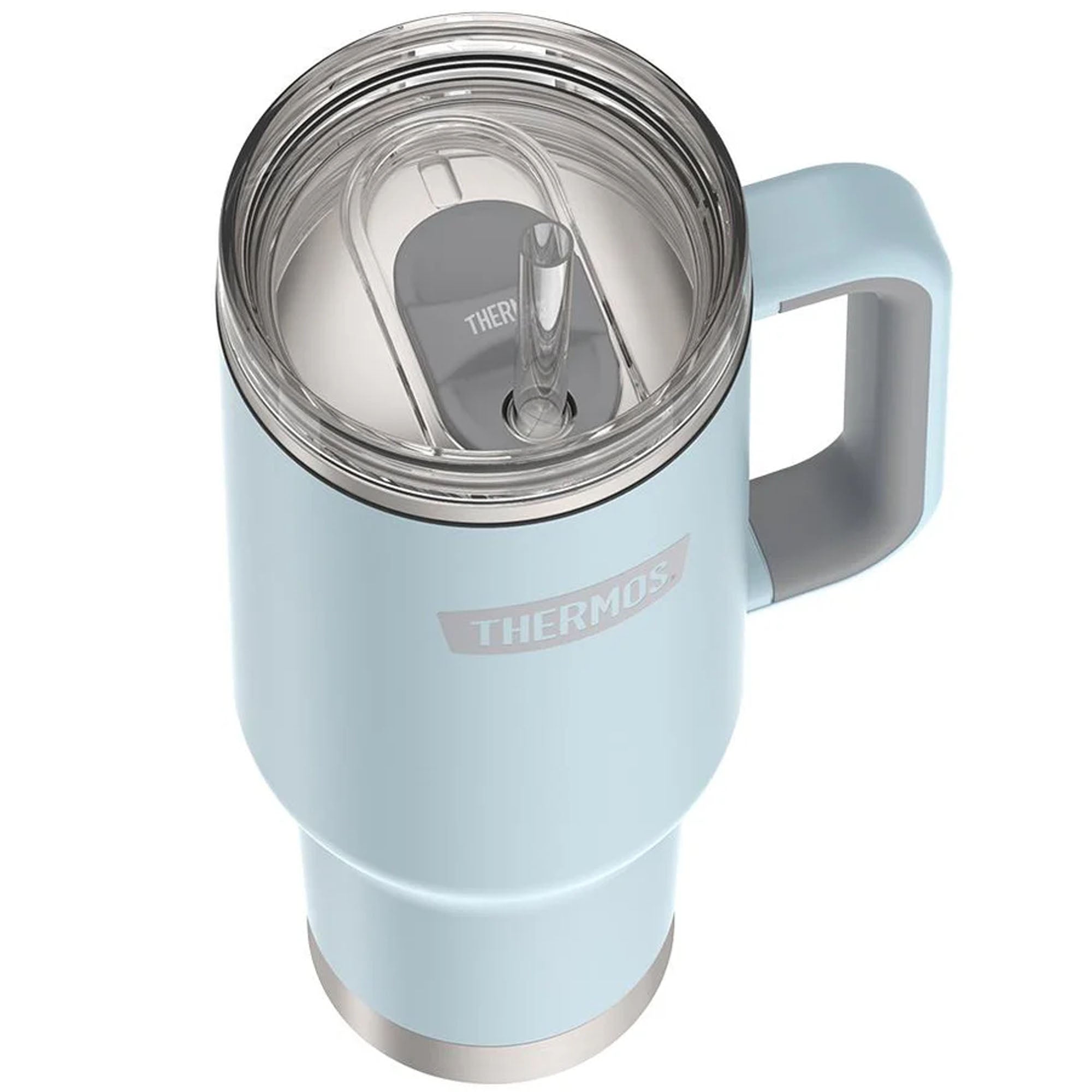 Light blue thermos mug with handle on a white background
