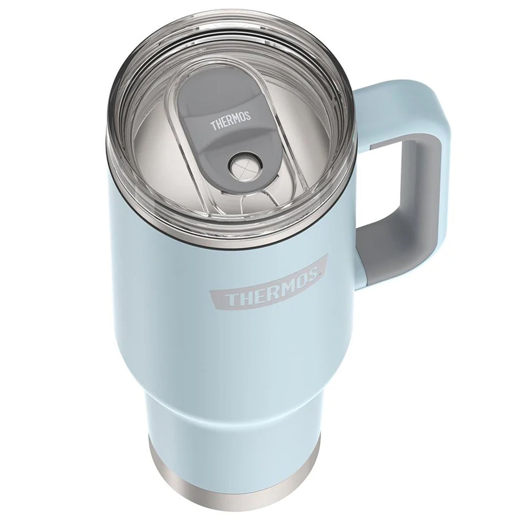 Light blue thermos mug with handle on a white background