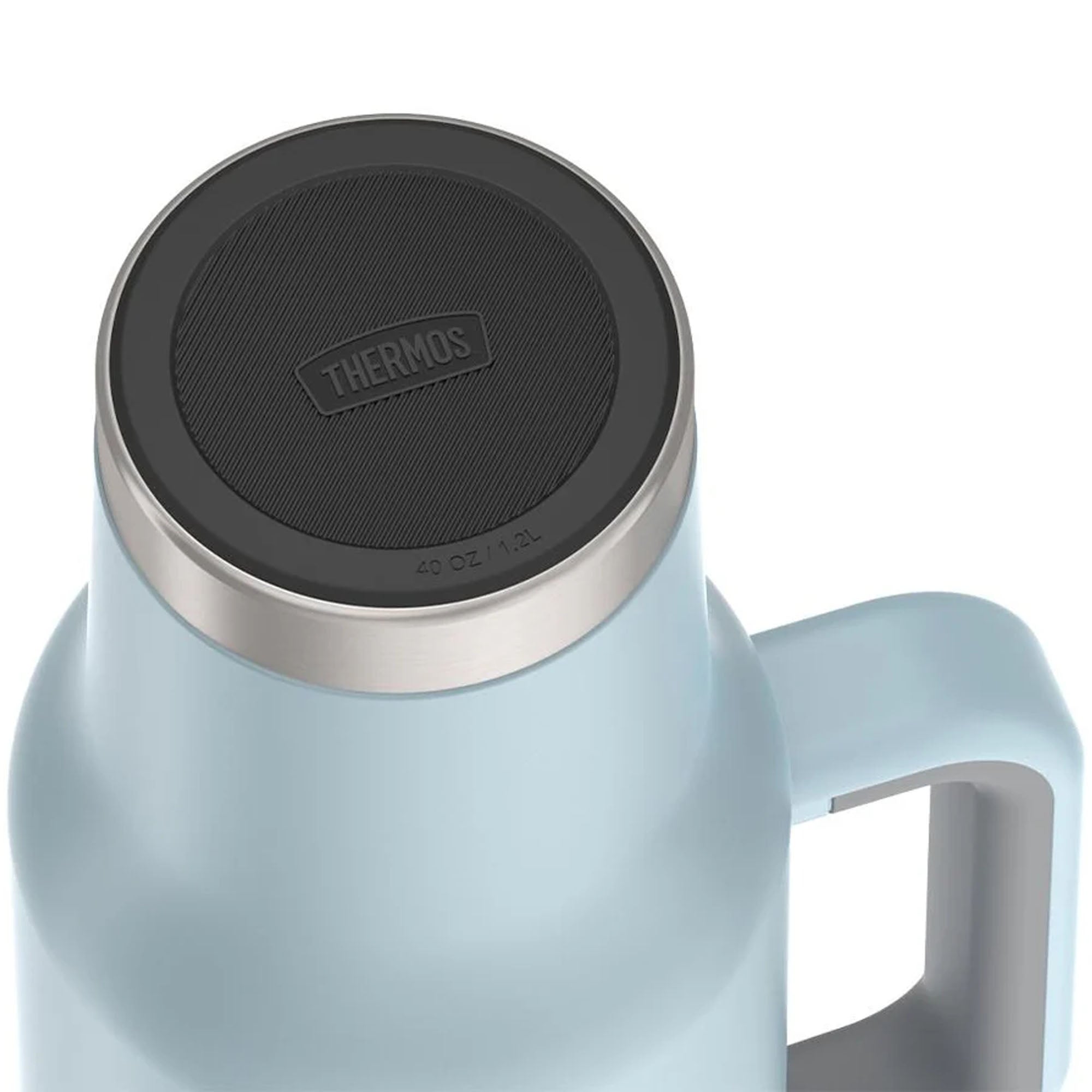 Light blue thermos mug with black lid featuring Thermos logo on a white background