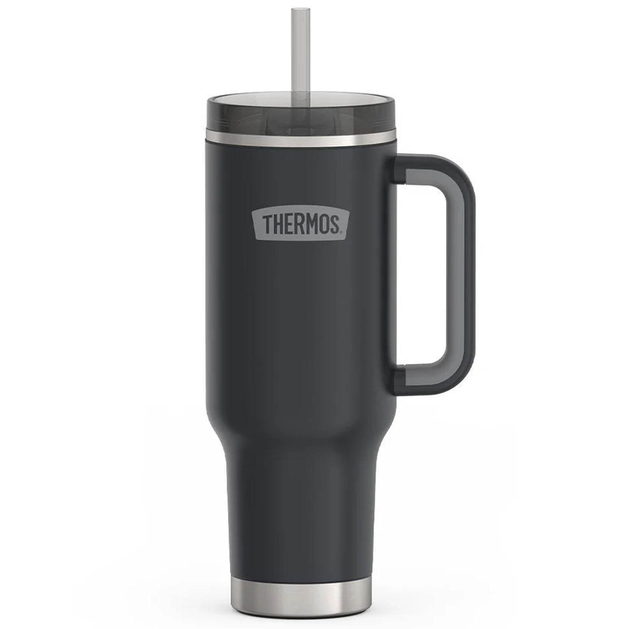 Black Thermos mug with handle and straw on a white background