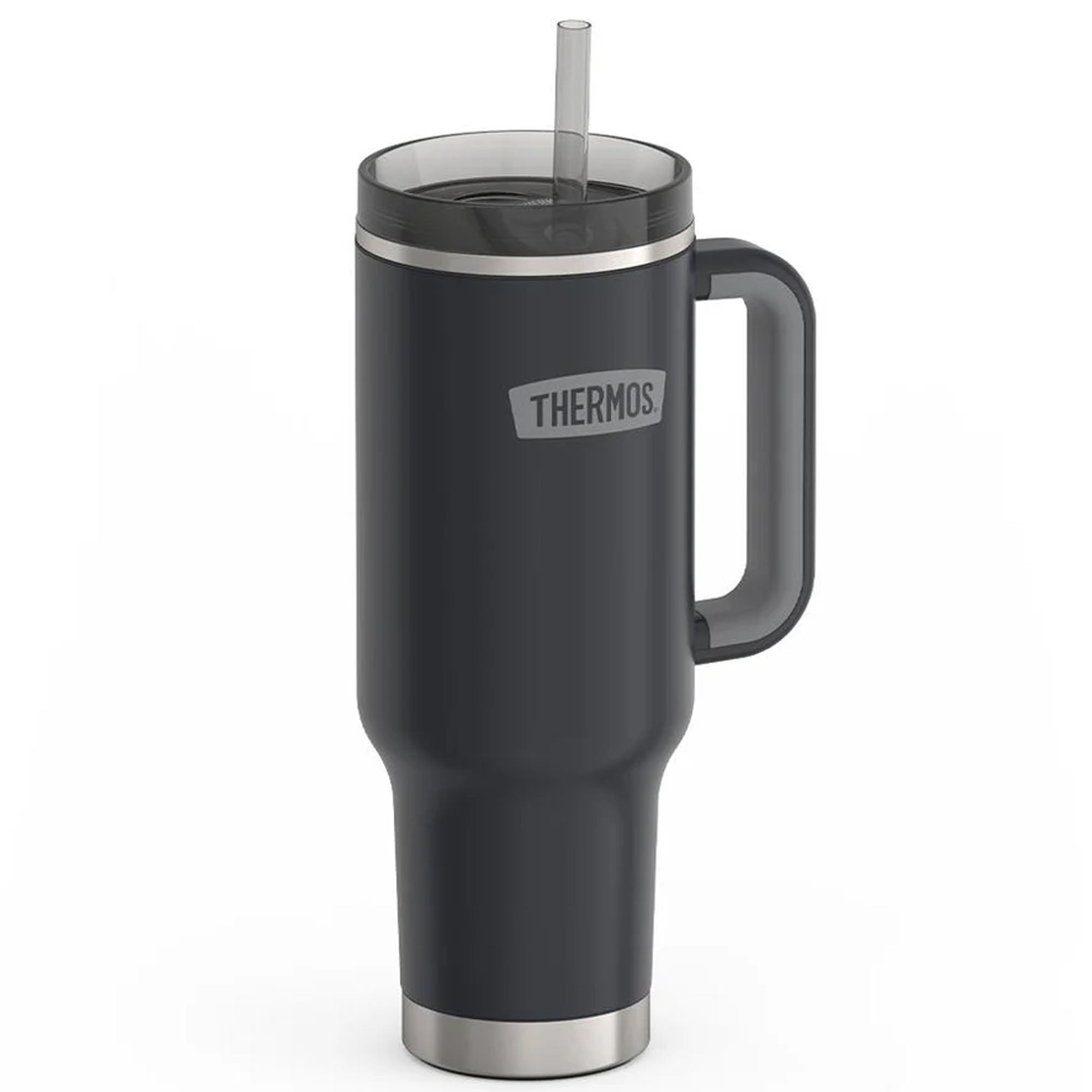 Black Thermos mug with handle and straw on a white background