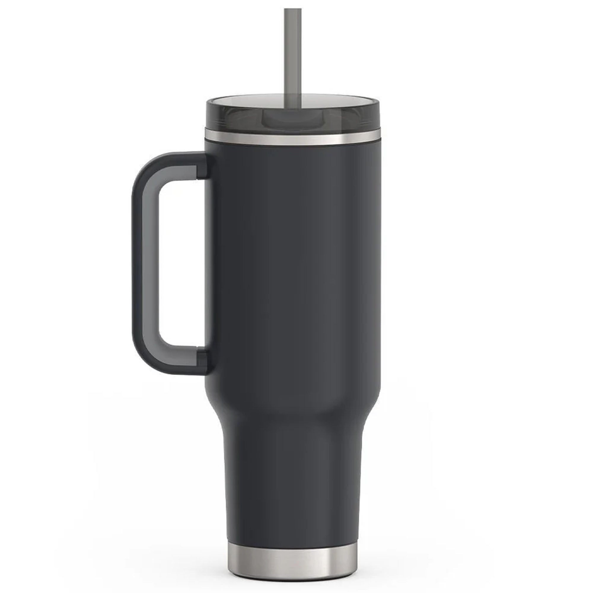 Black insulated travel mug with handle and straw on a white background