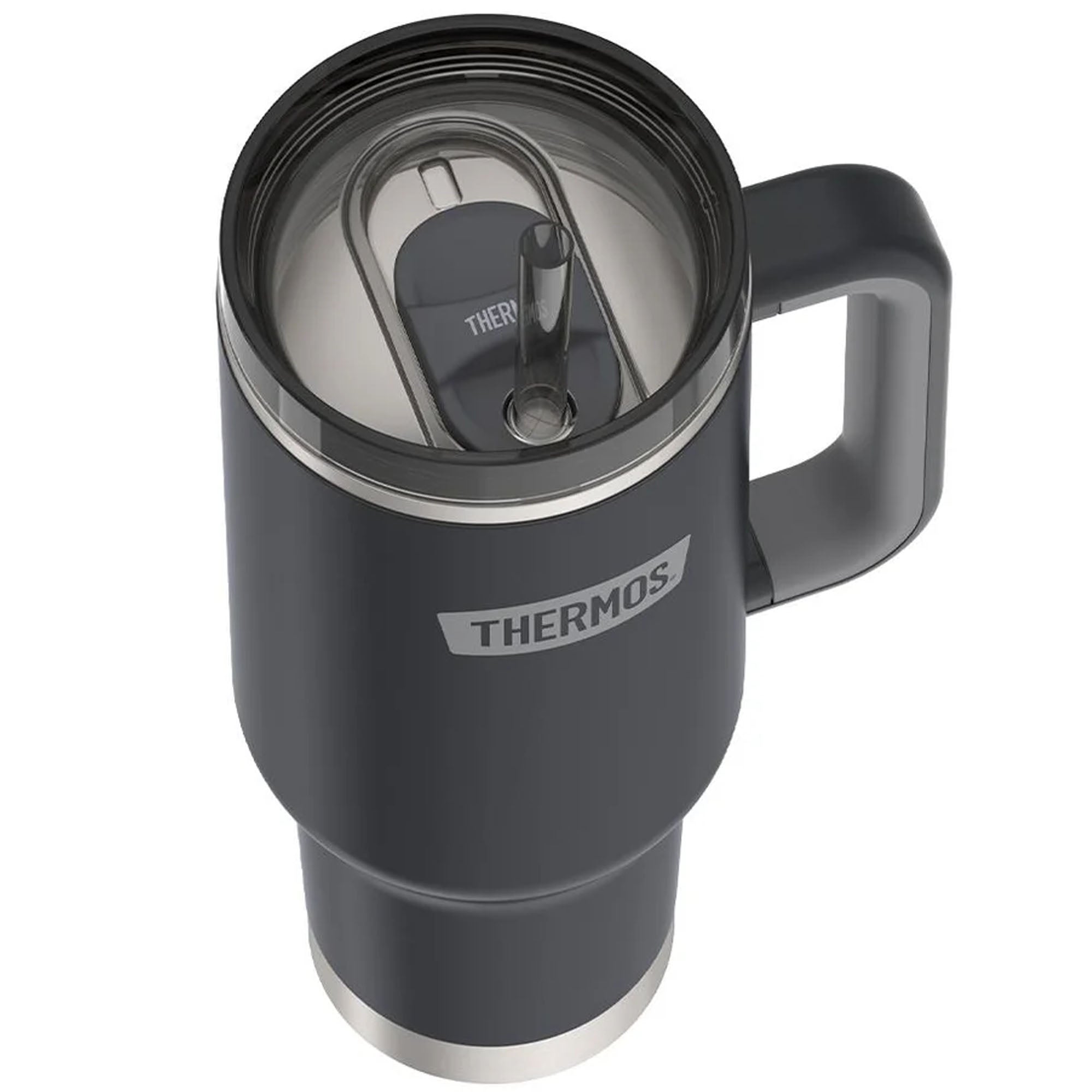 Black Thermos mug with handle on a white background
