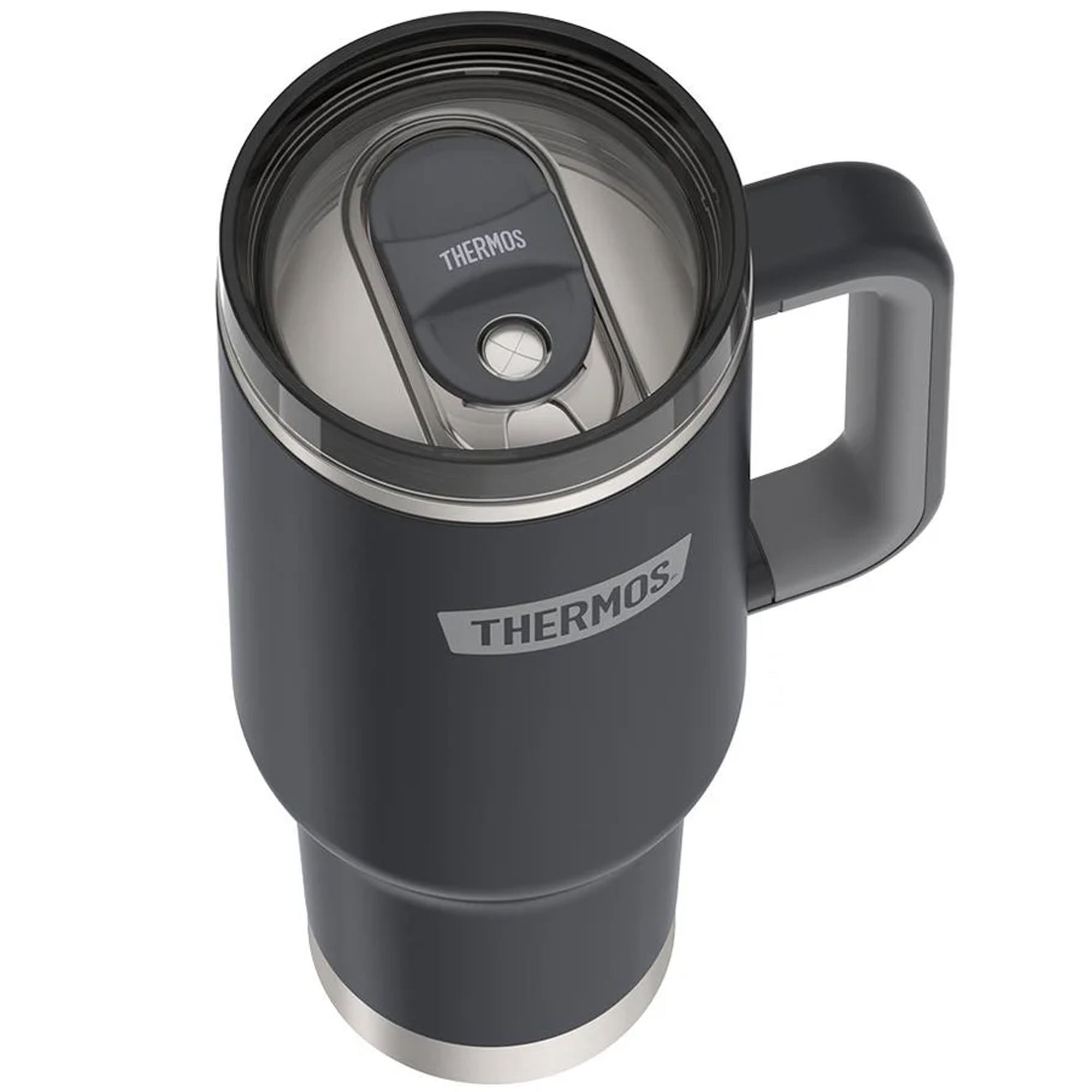 Black Thermos travel mug on a white background