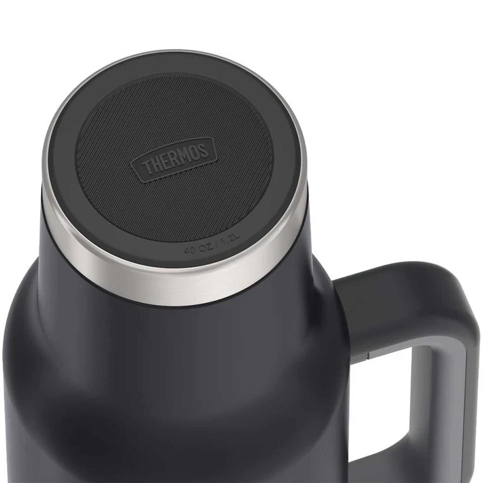 Black thermos mug with silver rim and black lid on a white background