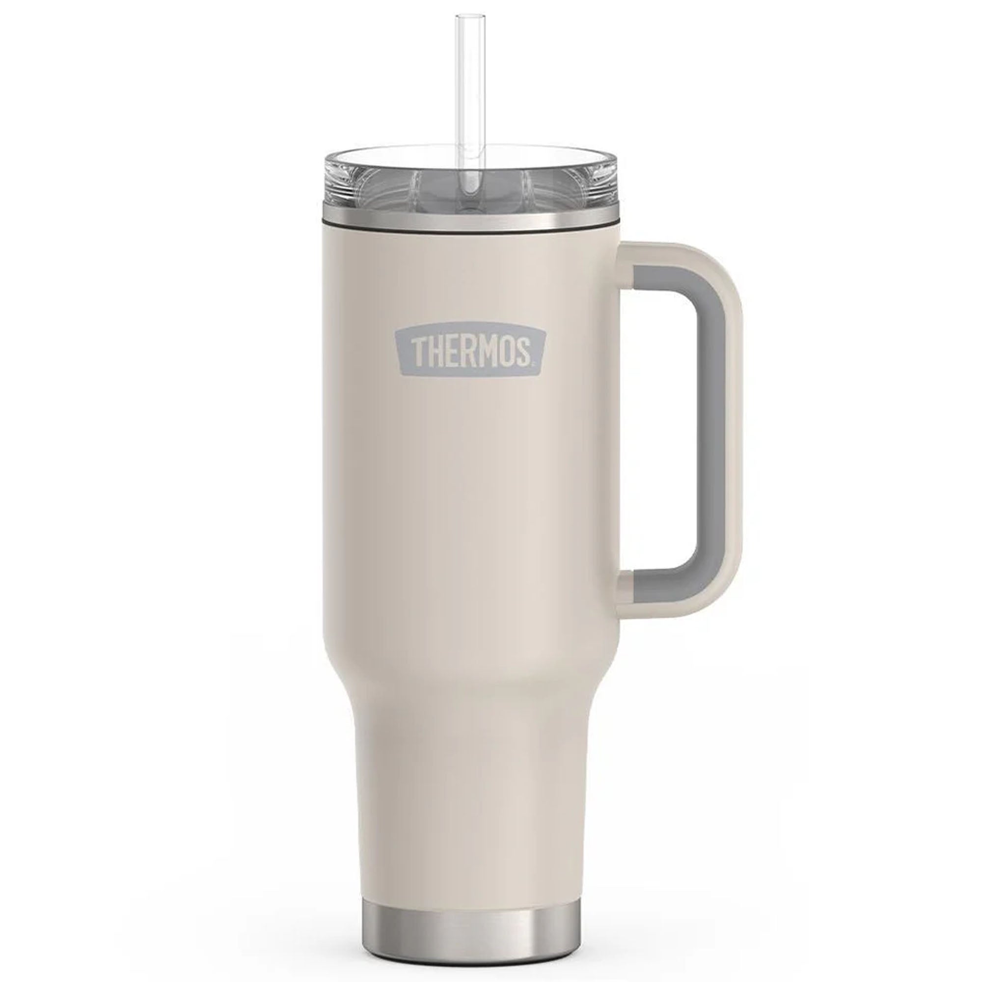 Thermos mug with handle and straw on a white background