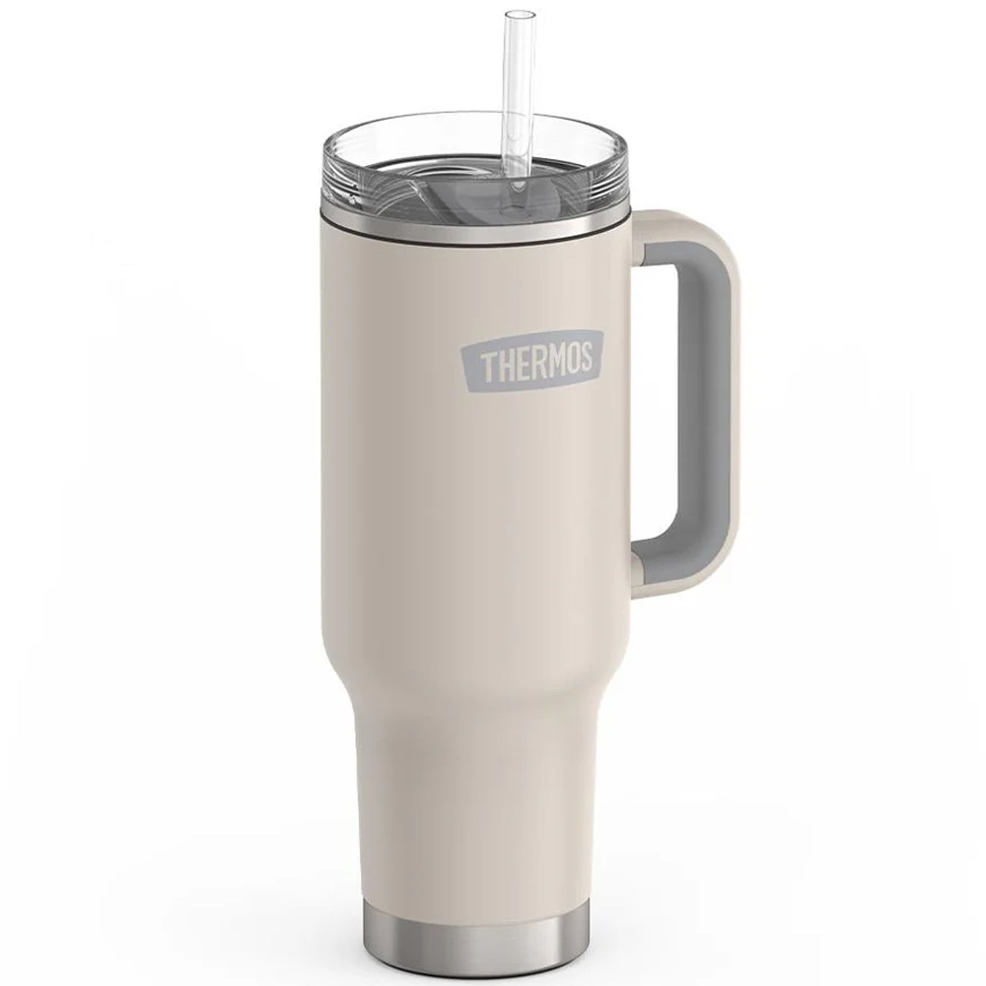 Beige thermos mug with handle and straw on a white background