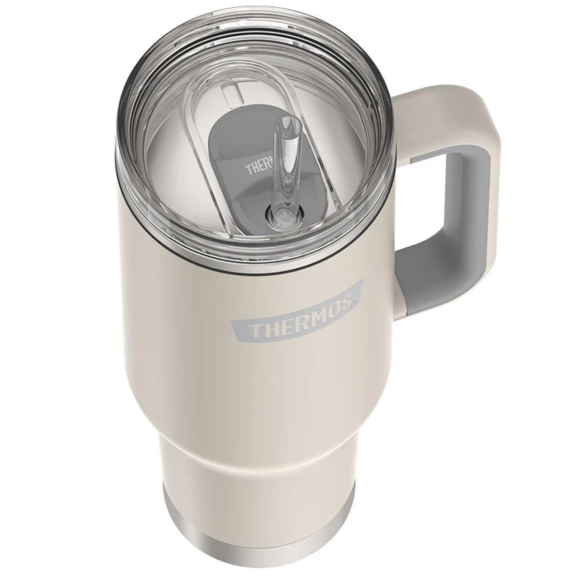 Thermos travel mug with handle on a white background