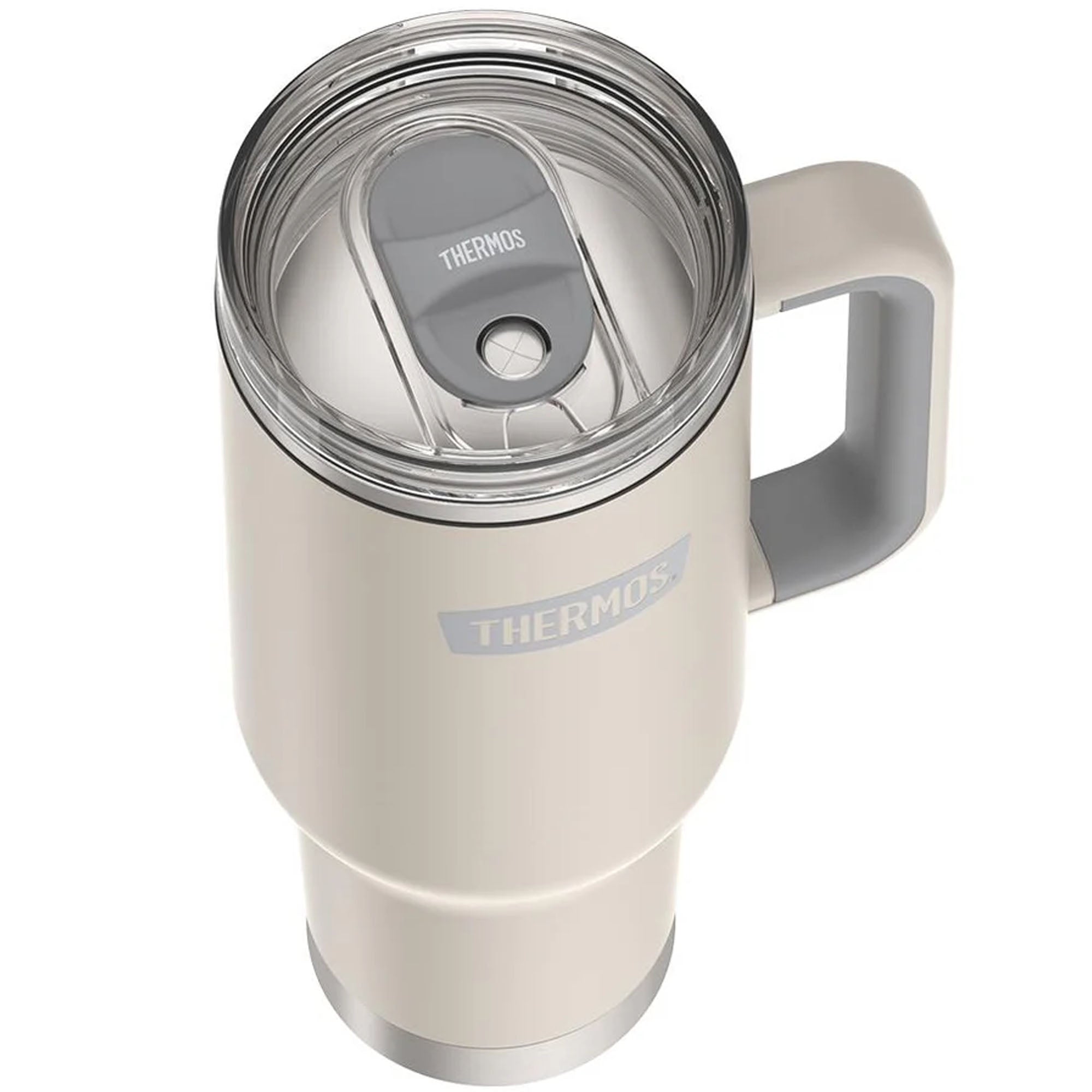 Beige thermos mug with handle on a white background