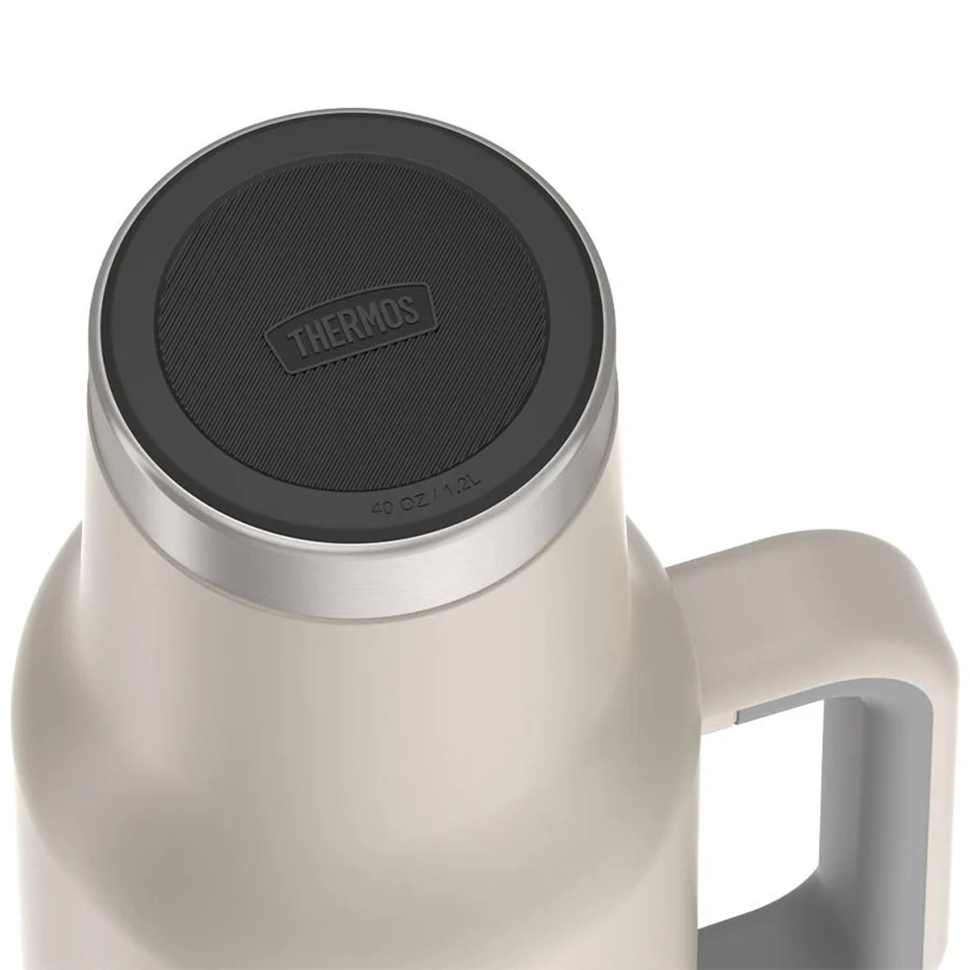 Thermos mug with black lid on a white background