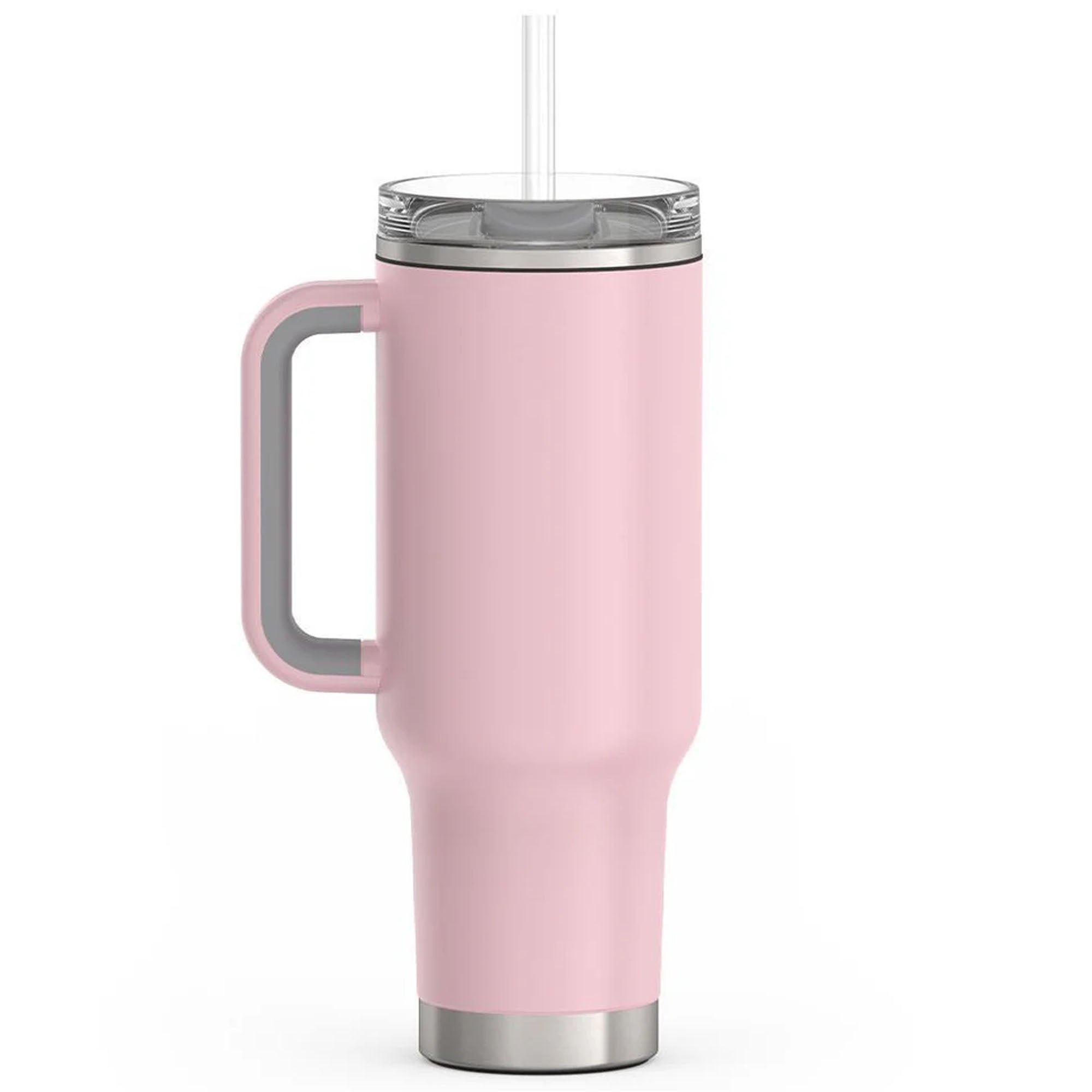 Pink travel mug with handle and straw on a white background