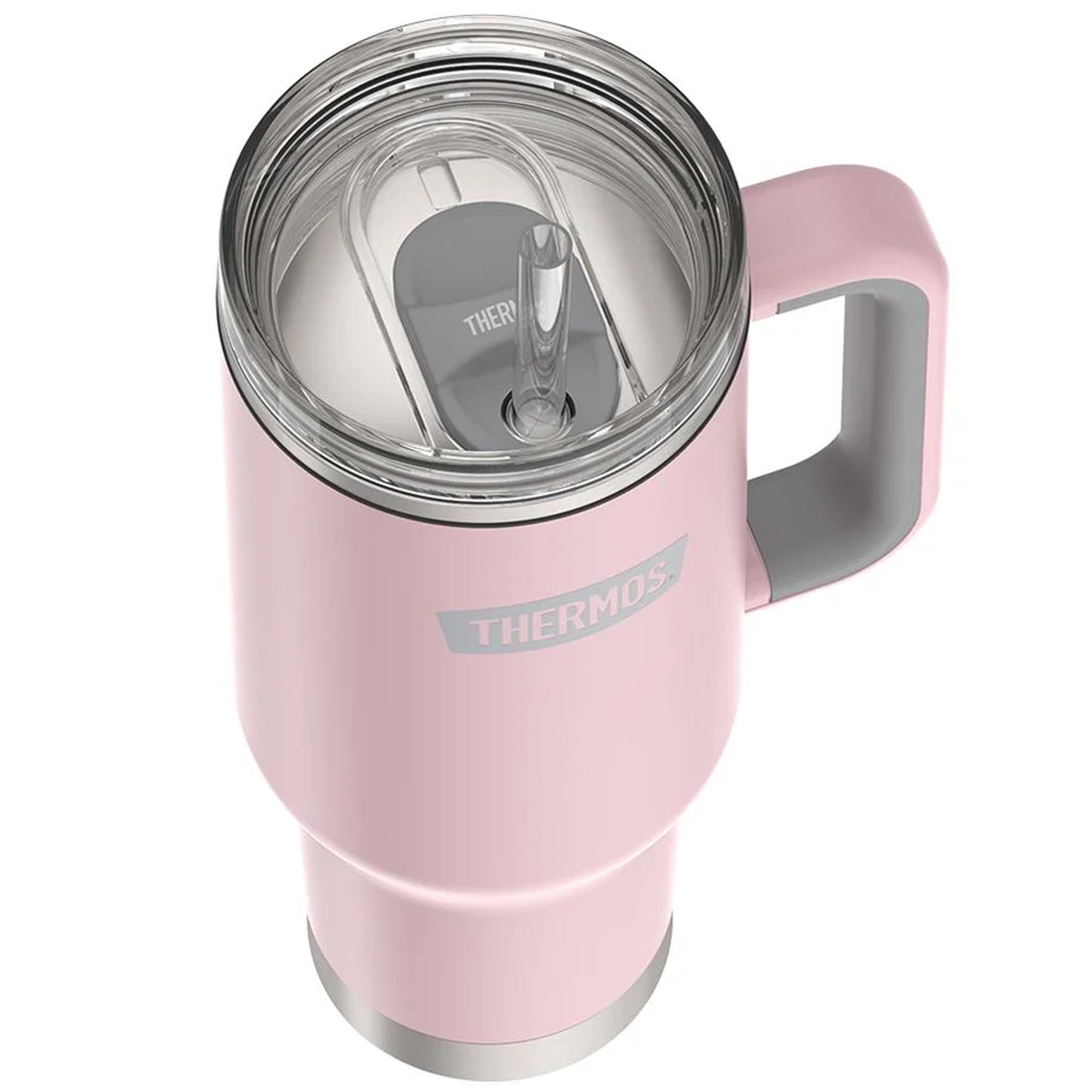 Pink thermos mug with handle on a white background