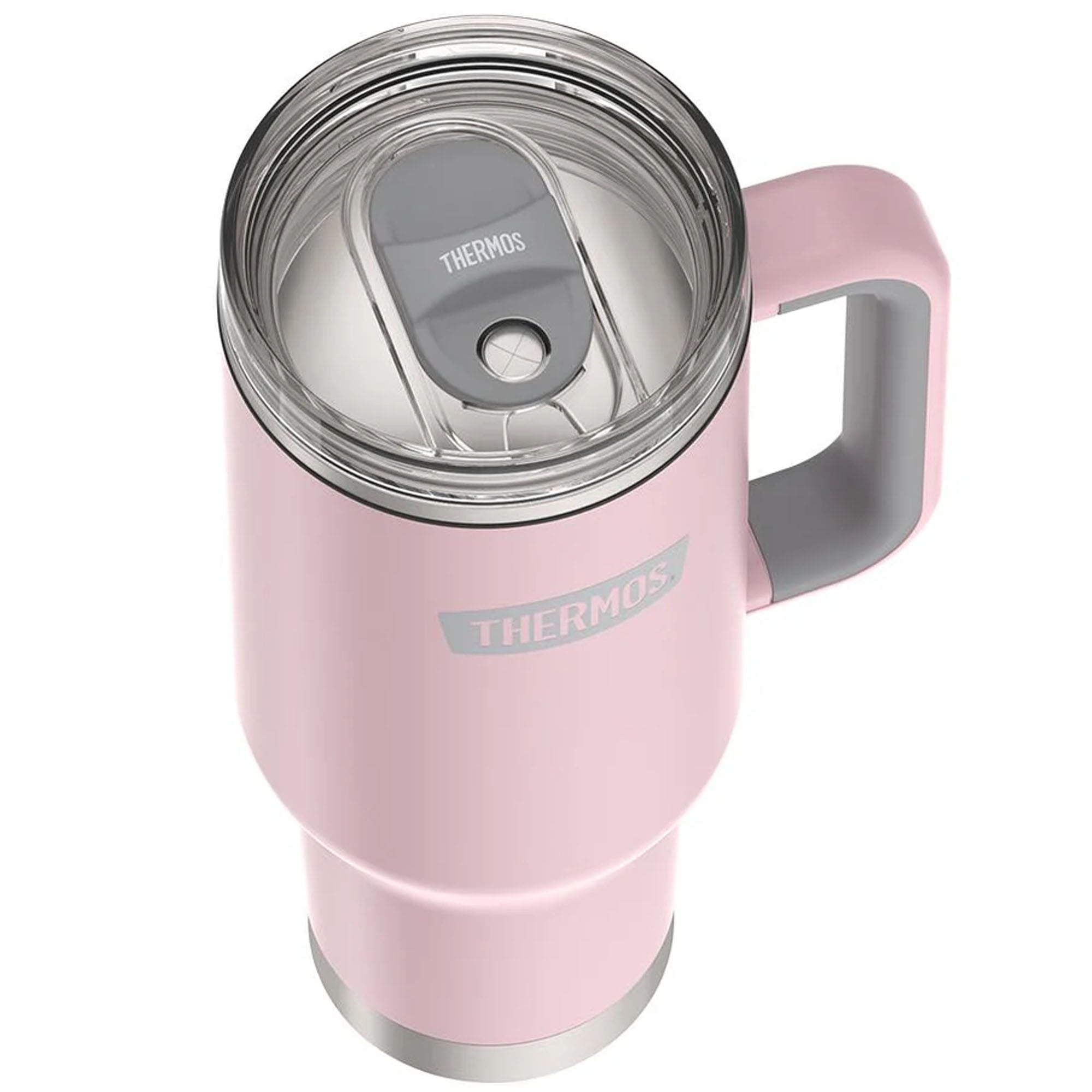 Pink thermos mug with handle on a white background