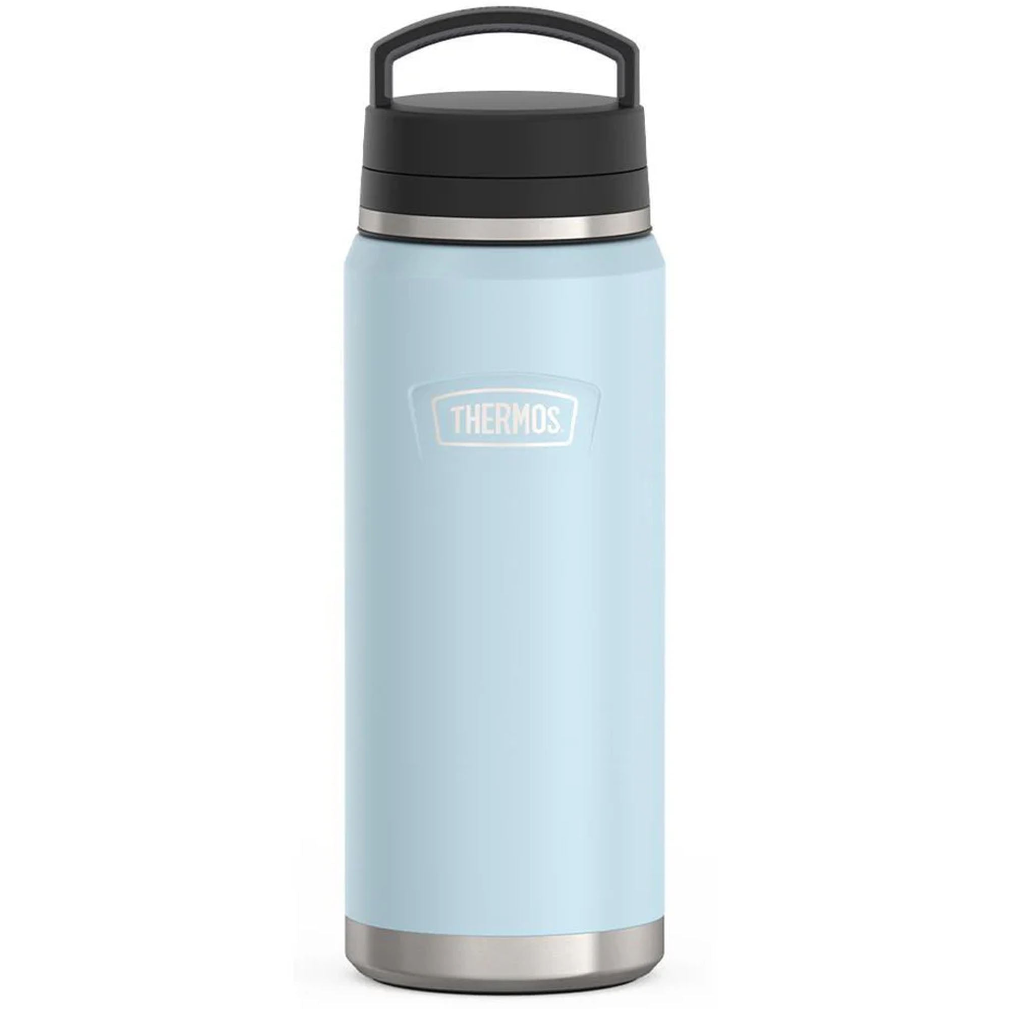 Light blue thermos bottle with black lid on a white background