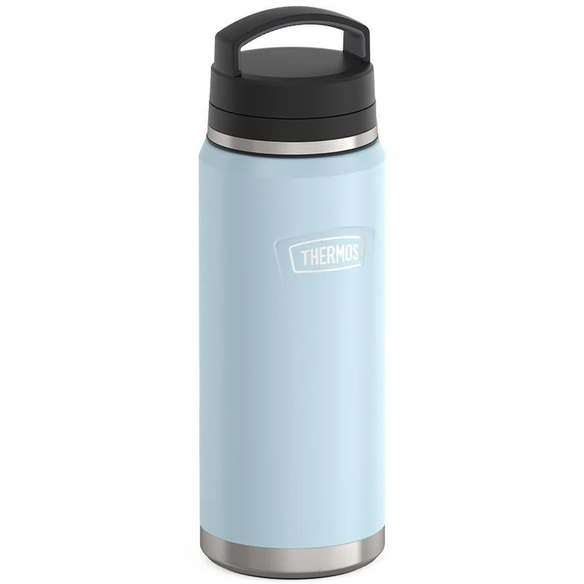 Light blue thermos bottle with black lid on a white background
