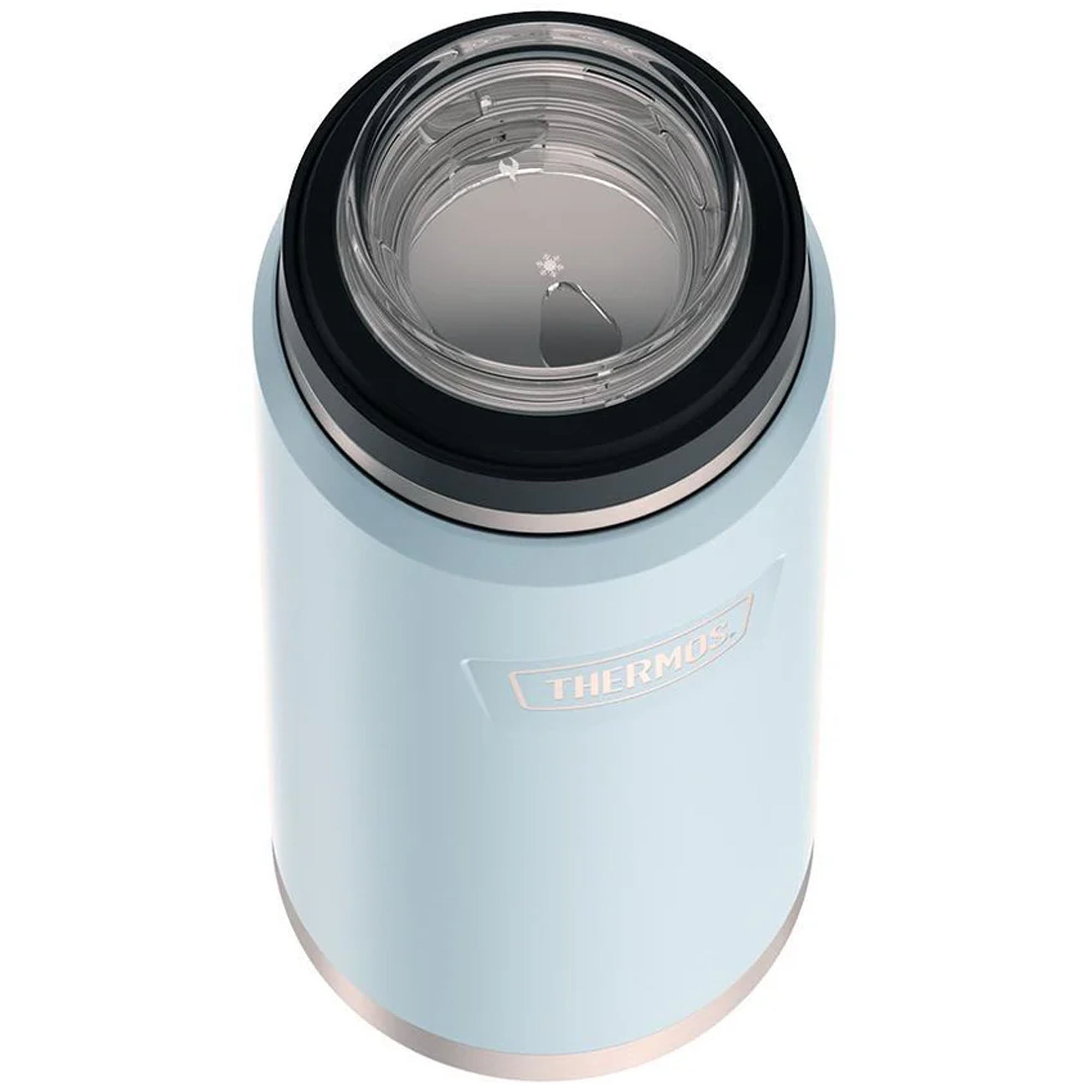 Light blue thermos with black lid on a white background
