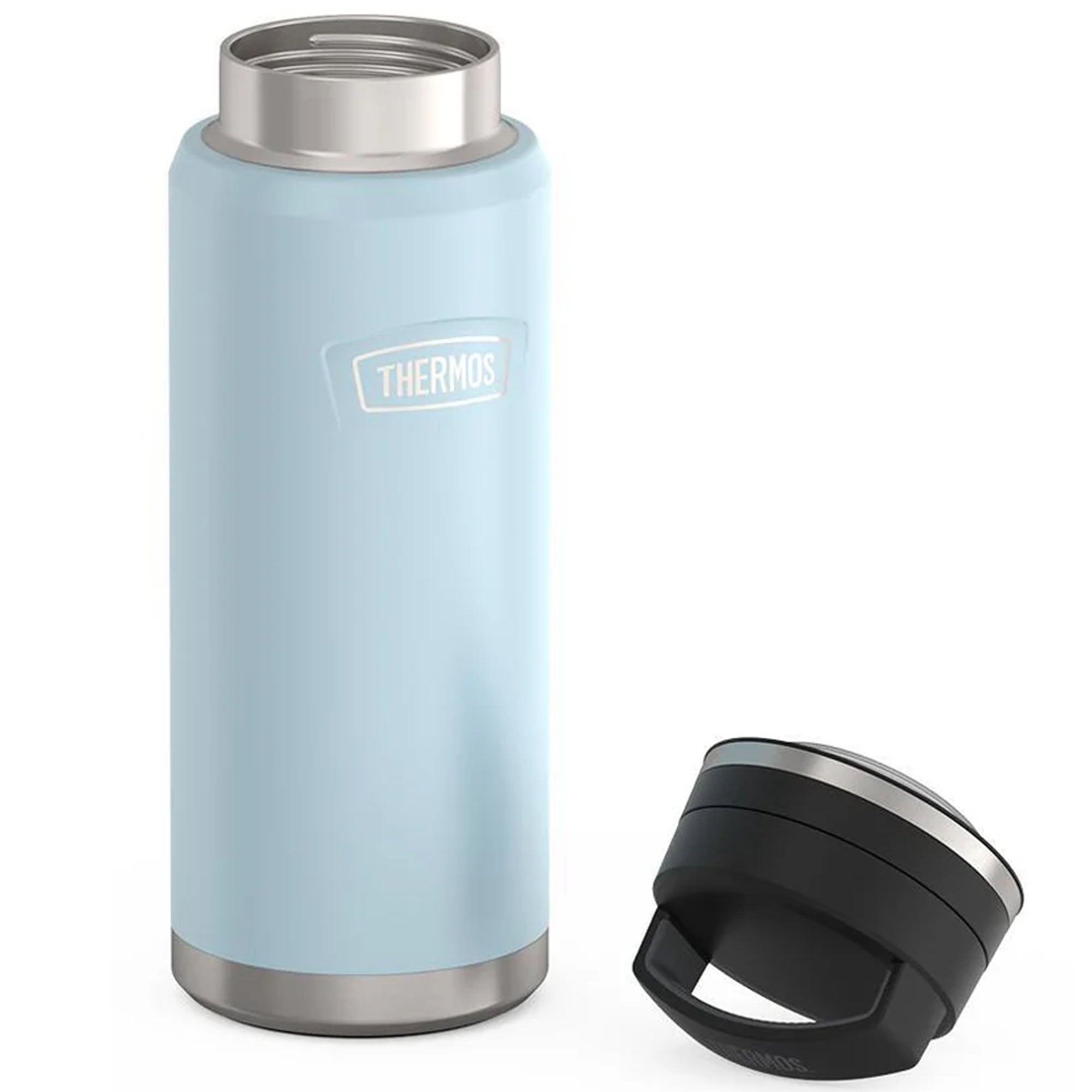 Light blue thermos bottle with silver lid and black carrying grip on a white background