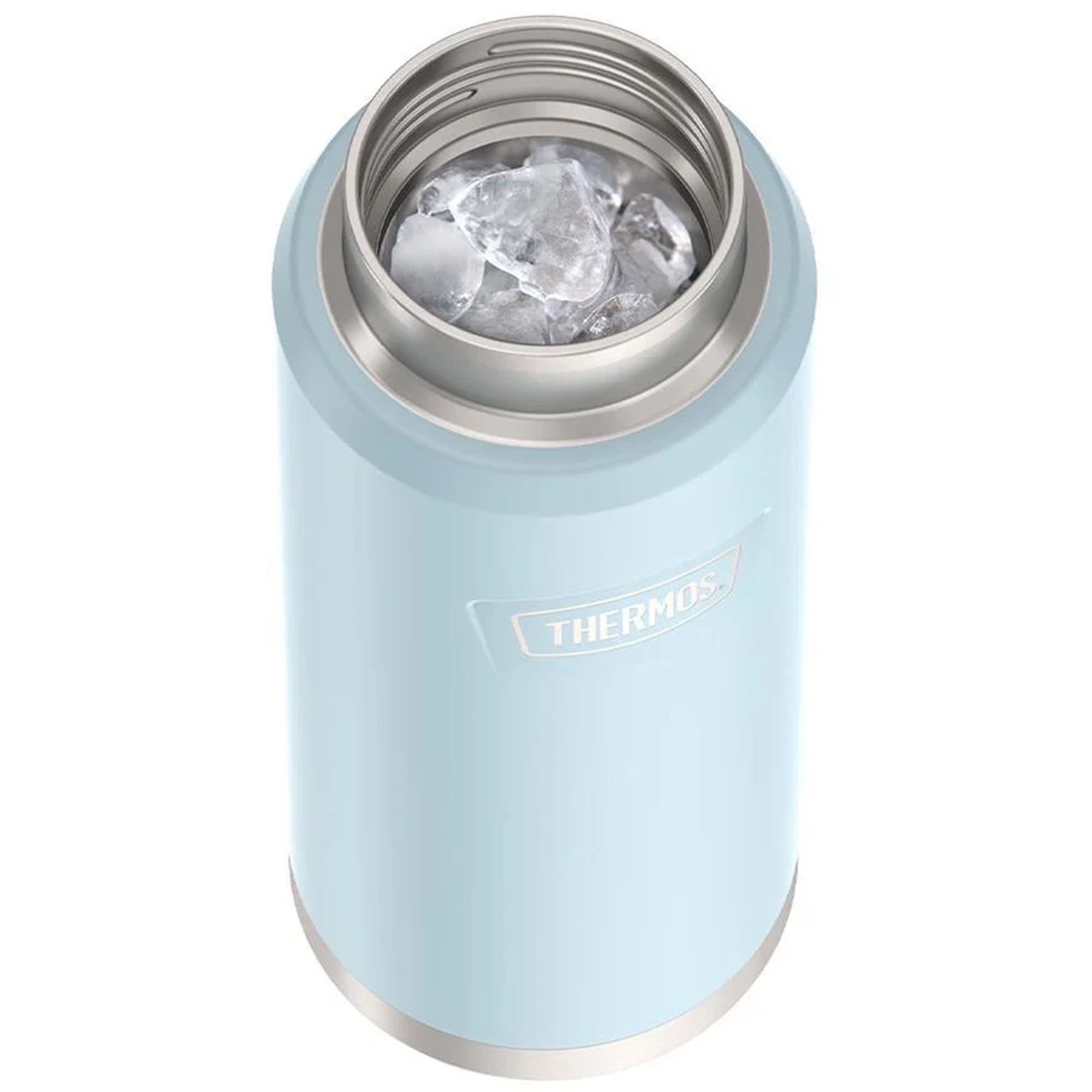 Light blue thermos with ice inside on a white background