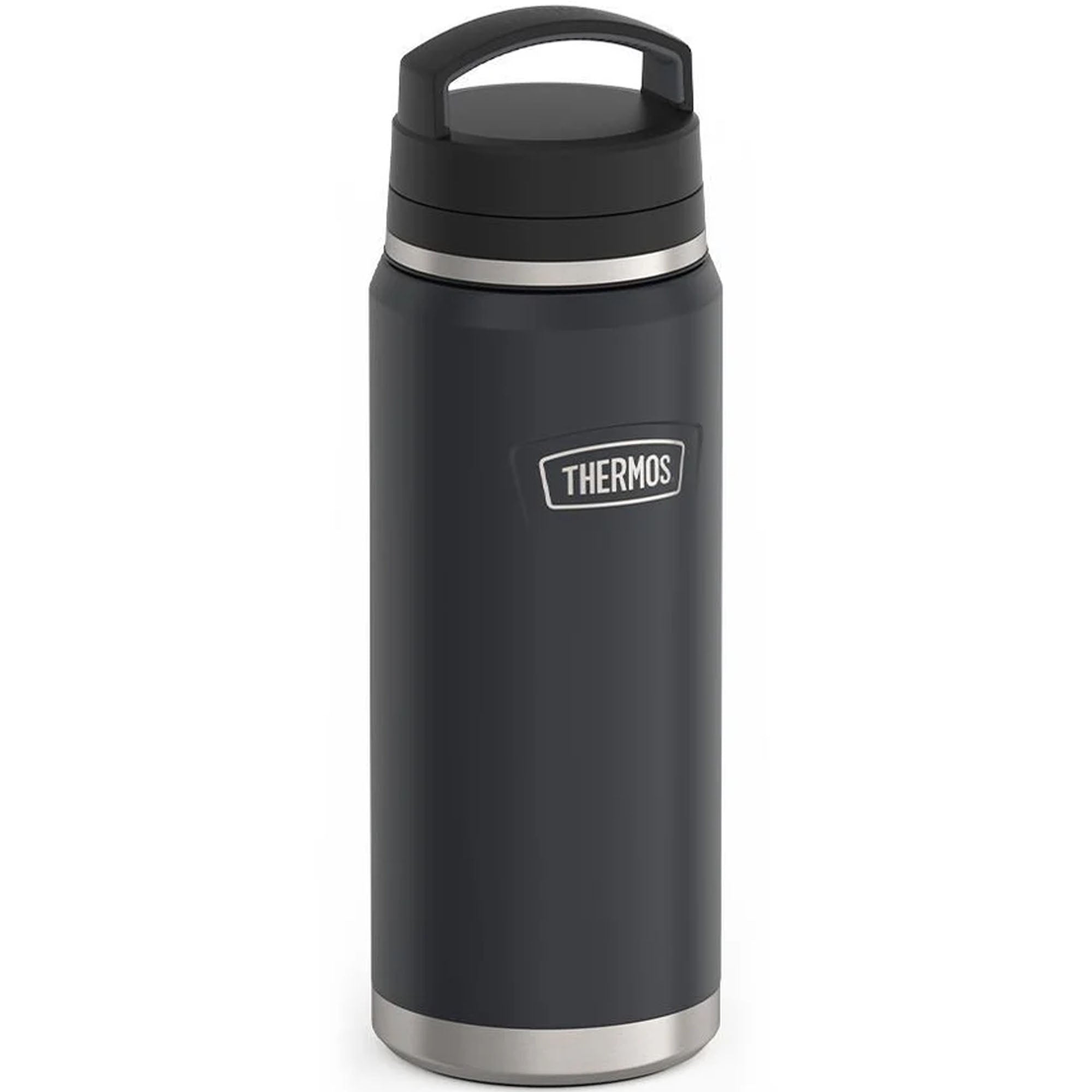 Black thermos bottle with silver base and cap on a white background