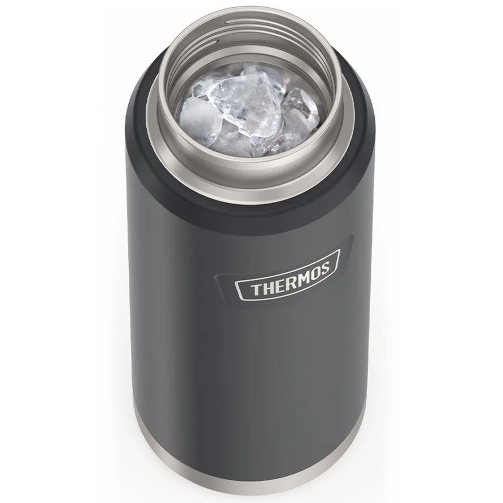 Gray thermos with ice cubes inside on a white background
