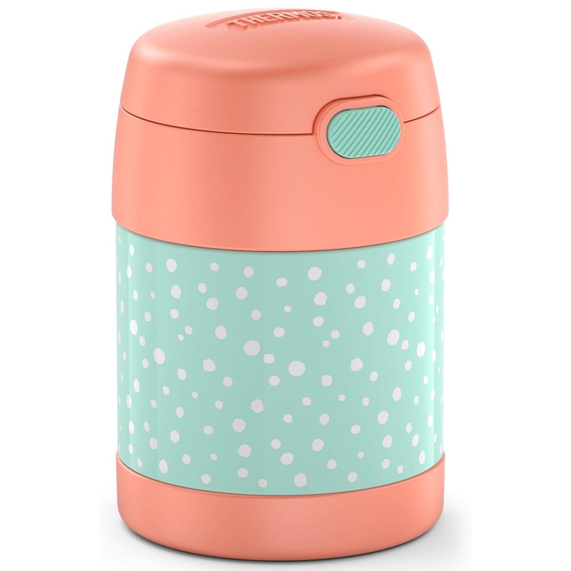 Insulated food jar with coral top and mint body with white polka dots on a white background