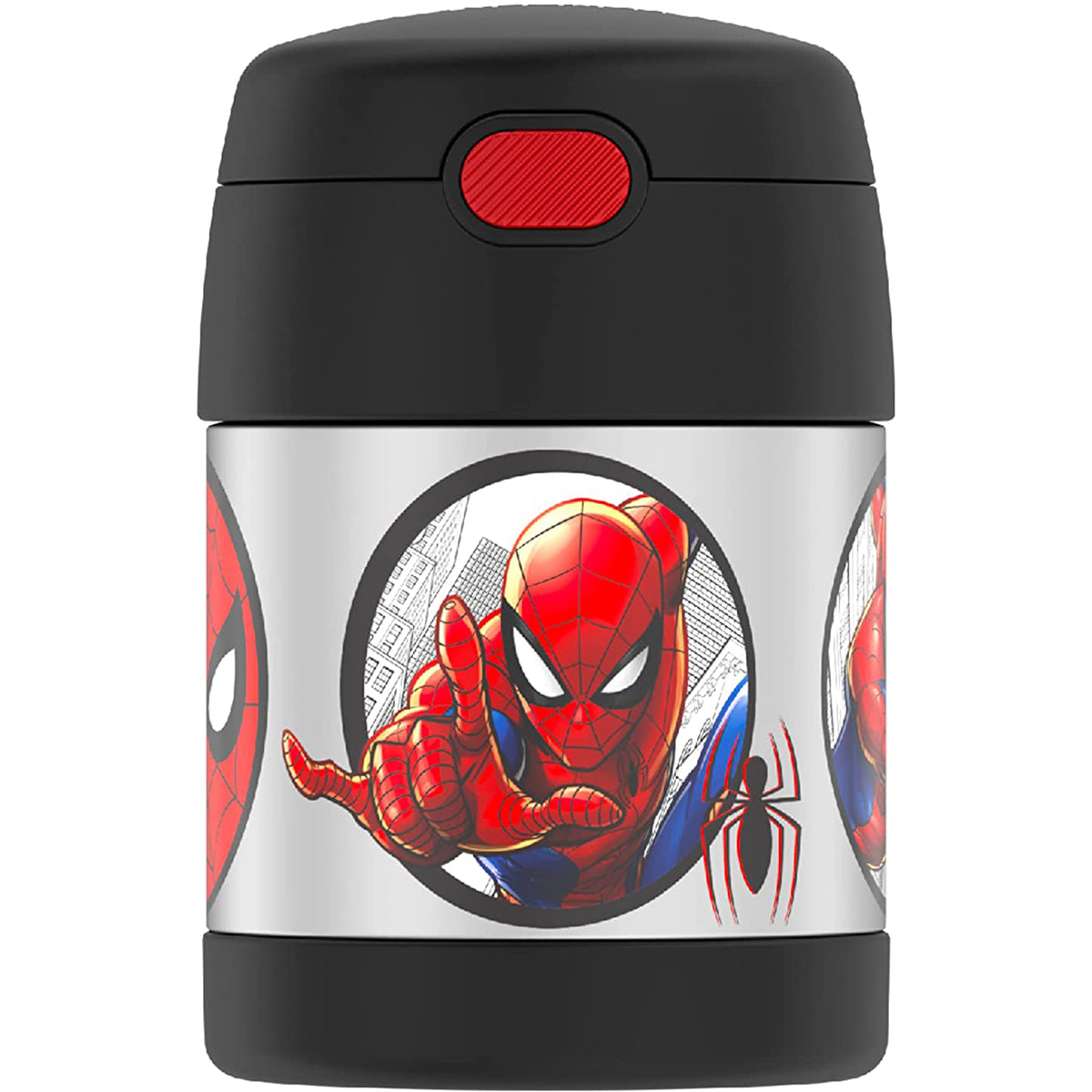 Spider-Man themed thermos with black lid and white body featuring the superhero character.
