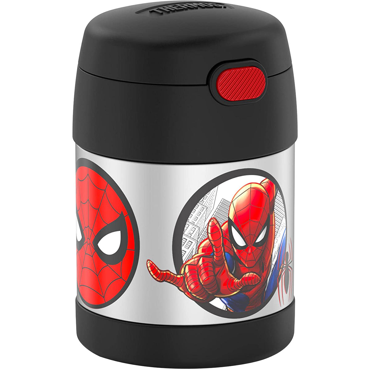 Spider-Man themed thermos with black lid on a white background