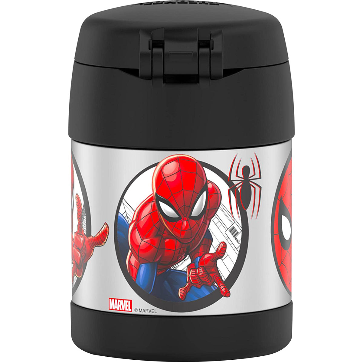 Spider-Man themed thermos with black lid on a white background