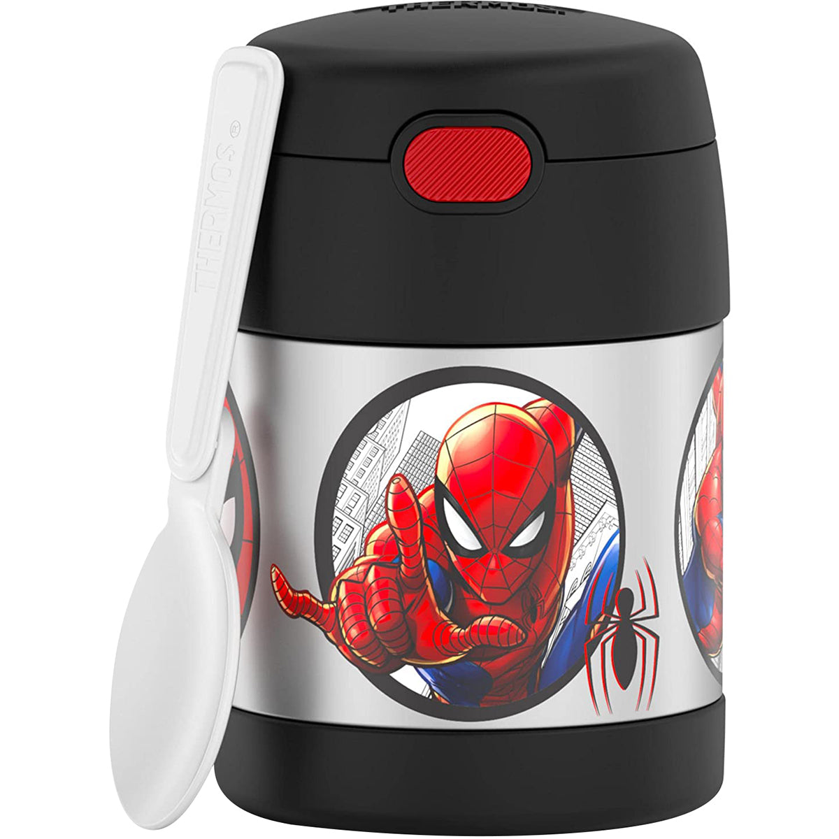 Spider-Man themed thermos with black lid and white handle on a white background