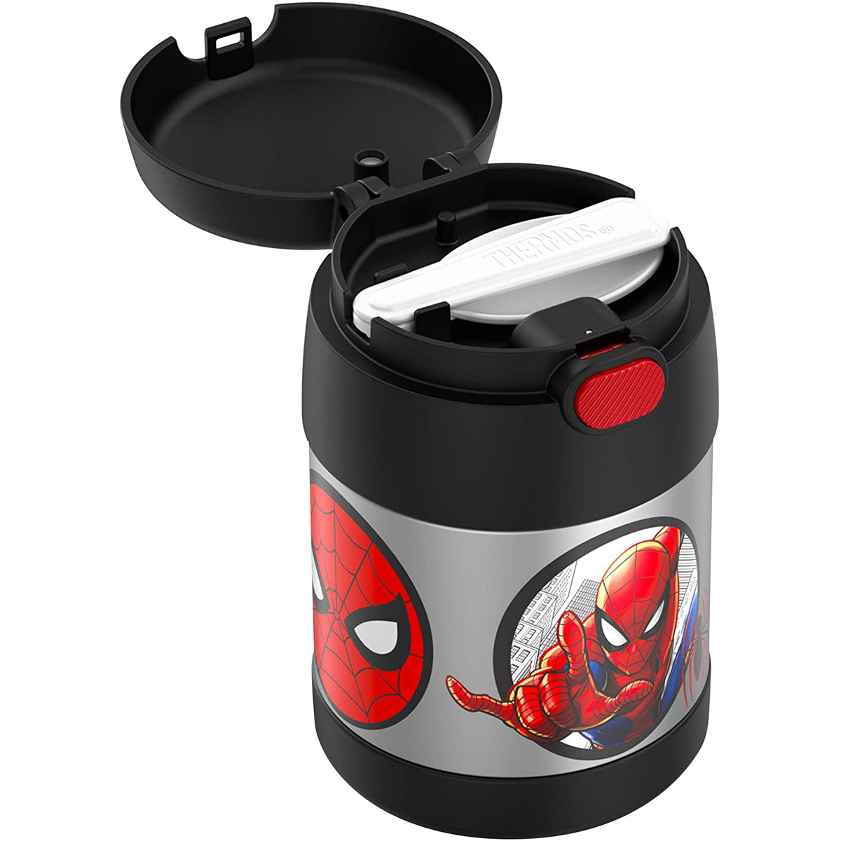 Spider-Man themed thermos with black lid and red accents on a white background