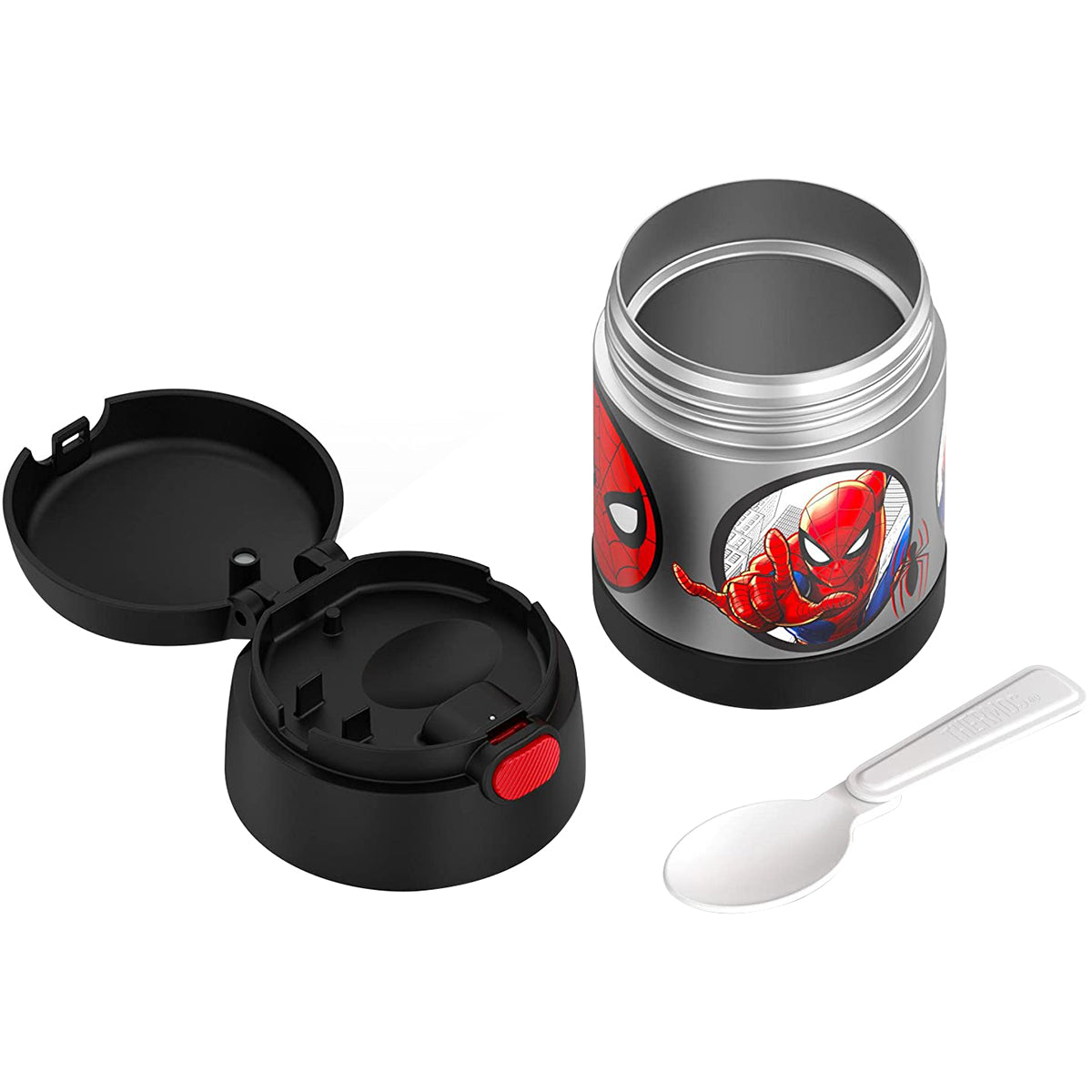 Spider-Man themed food container with spoon on a white background