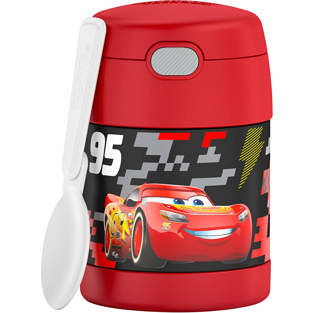 Red thermos with Disney Cars design and white spoon on a white background