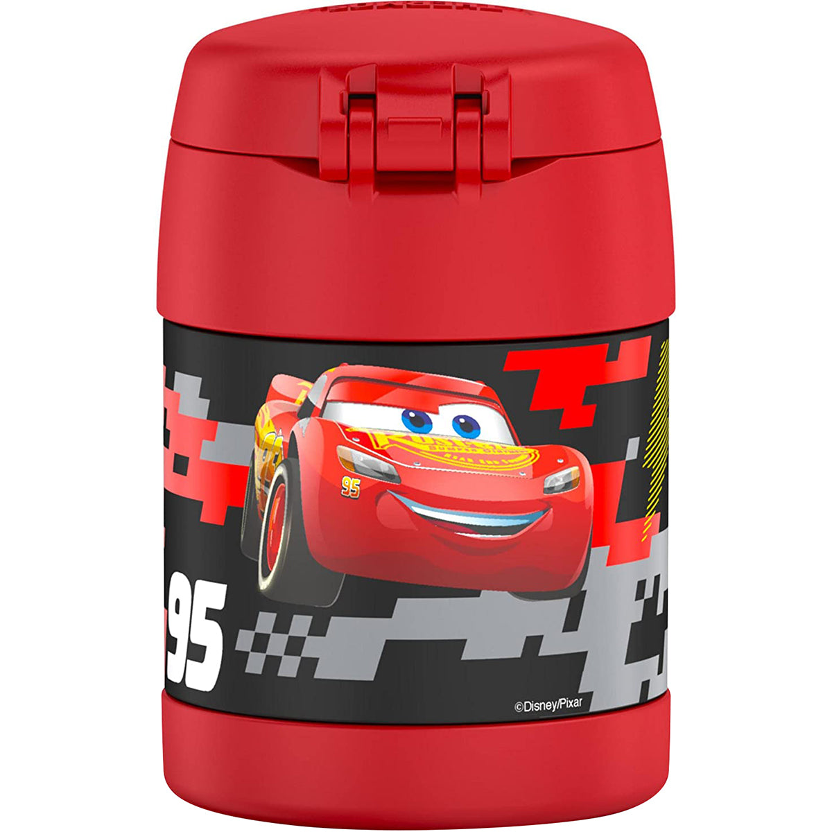 Red thermos with a cartoon car design on a white background
