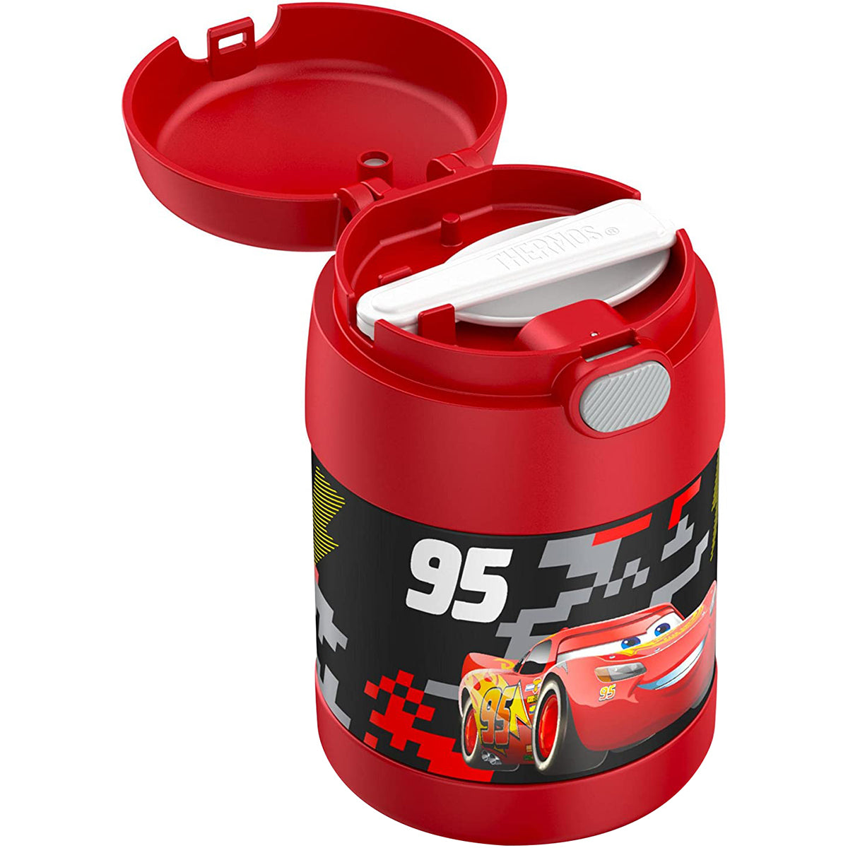 Red thermos with a cartoon car design on a white background