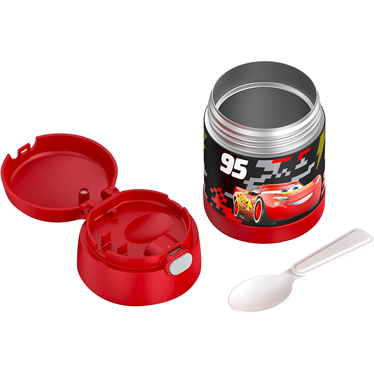 Red lunch box with a spoon on a white background