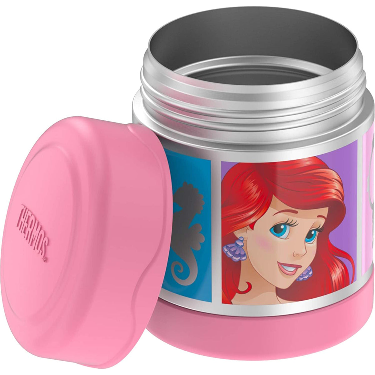 Pink food container with Disney Princess design on a white background