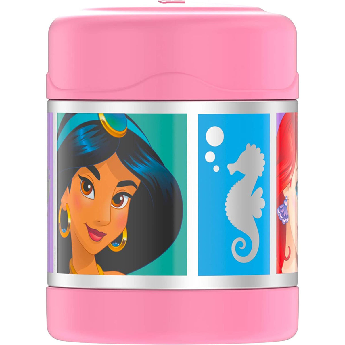 Pink thermos with Disney Princess design on a white background