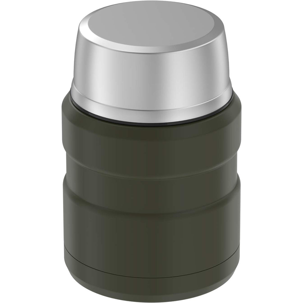 Green thermos with silver lid on a white background