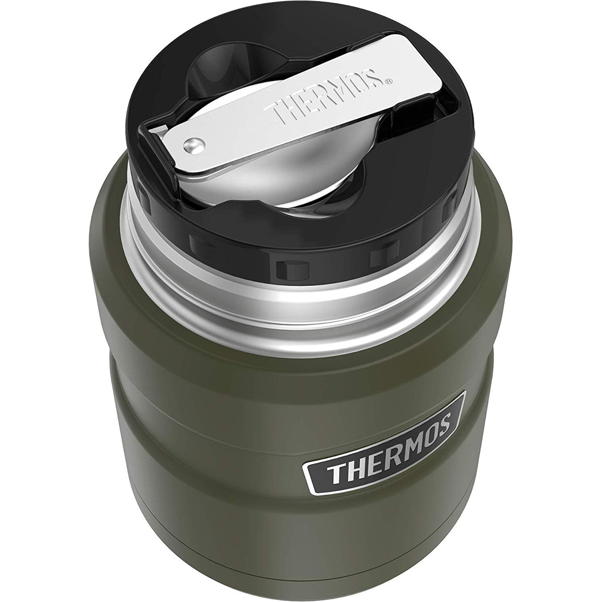 Green thermos with black lid on a white background